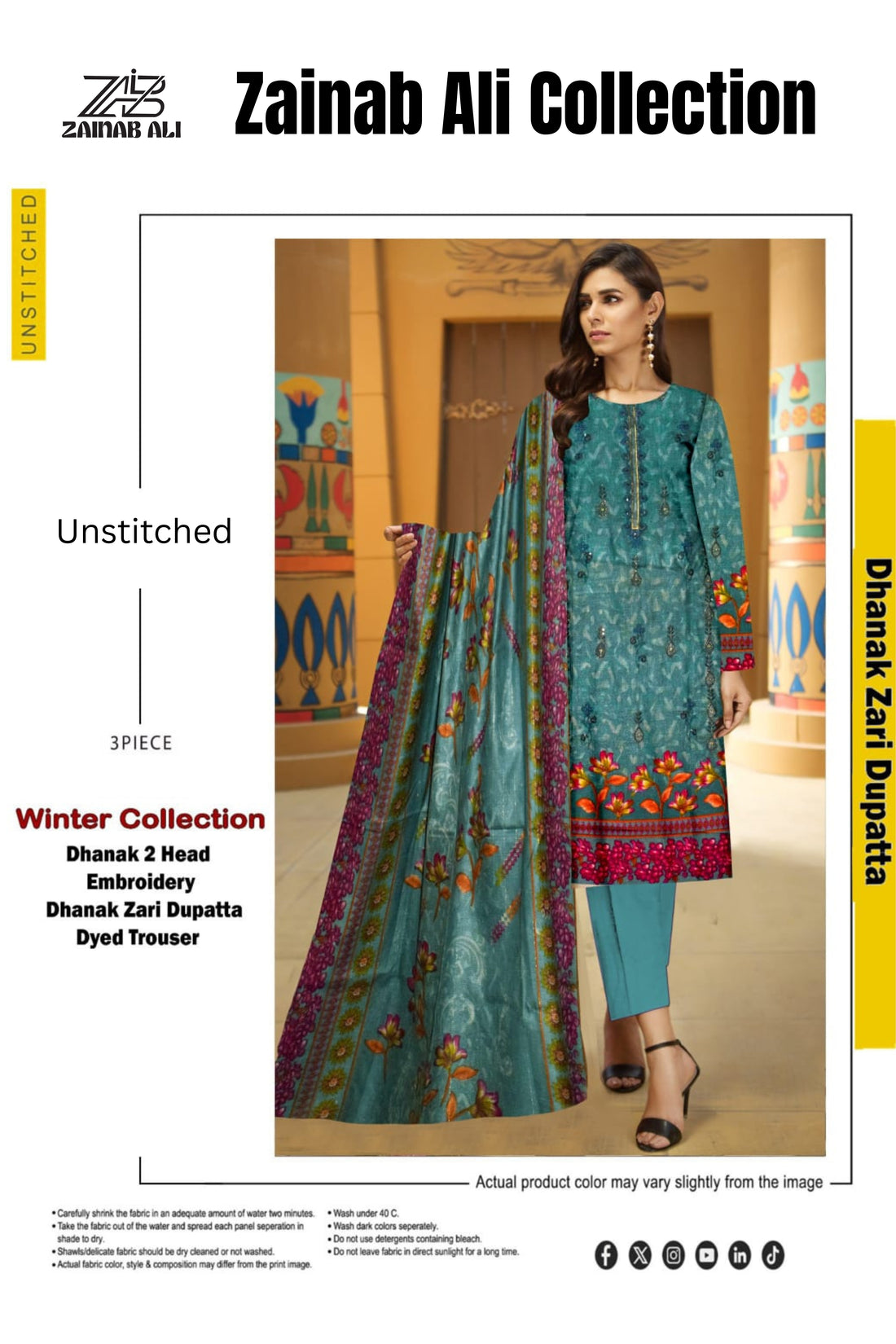 3 Piece Dhanak 2 Head Embroidery Zari Dupata ZR-1304-WC