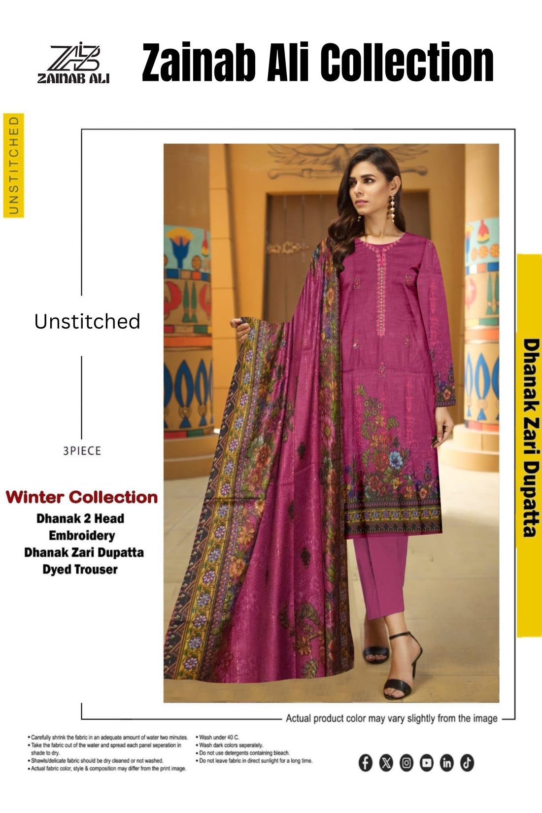 3 Piece Dhanak 2 Head Embroidery Zari Dupata ZR-1303-WC