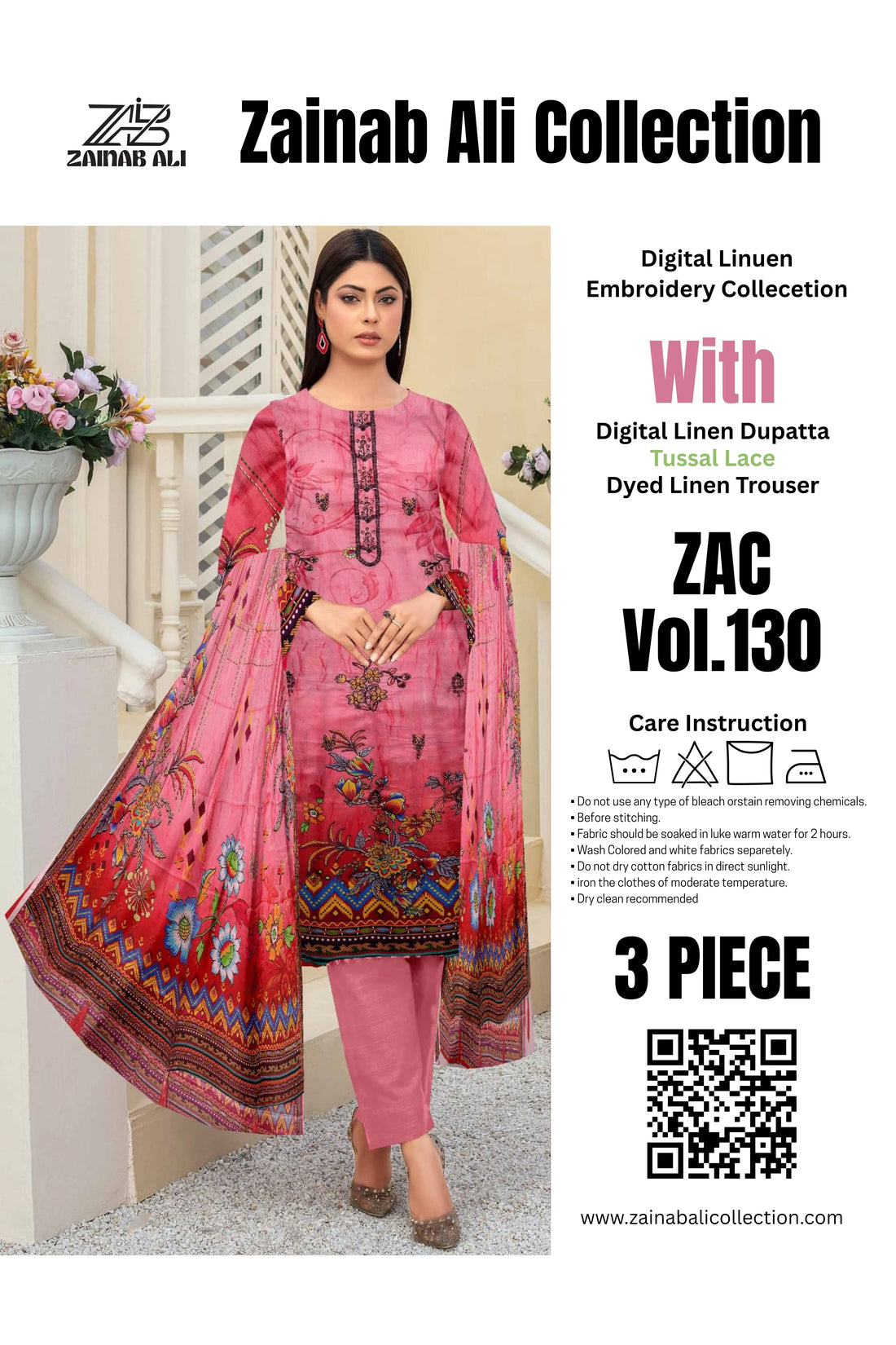 3 Piece Linuen Embroidery with Tussal Lace Dupatta ZR-1305-WC