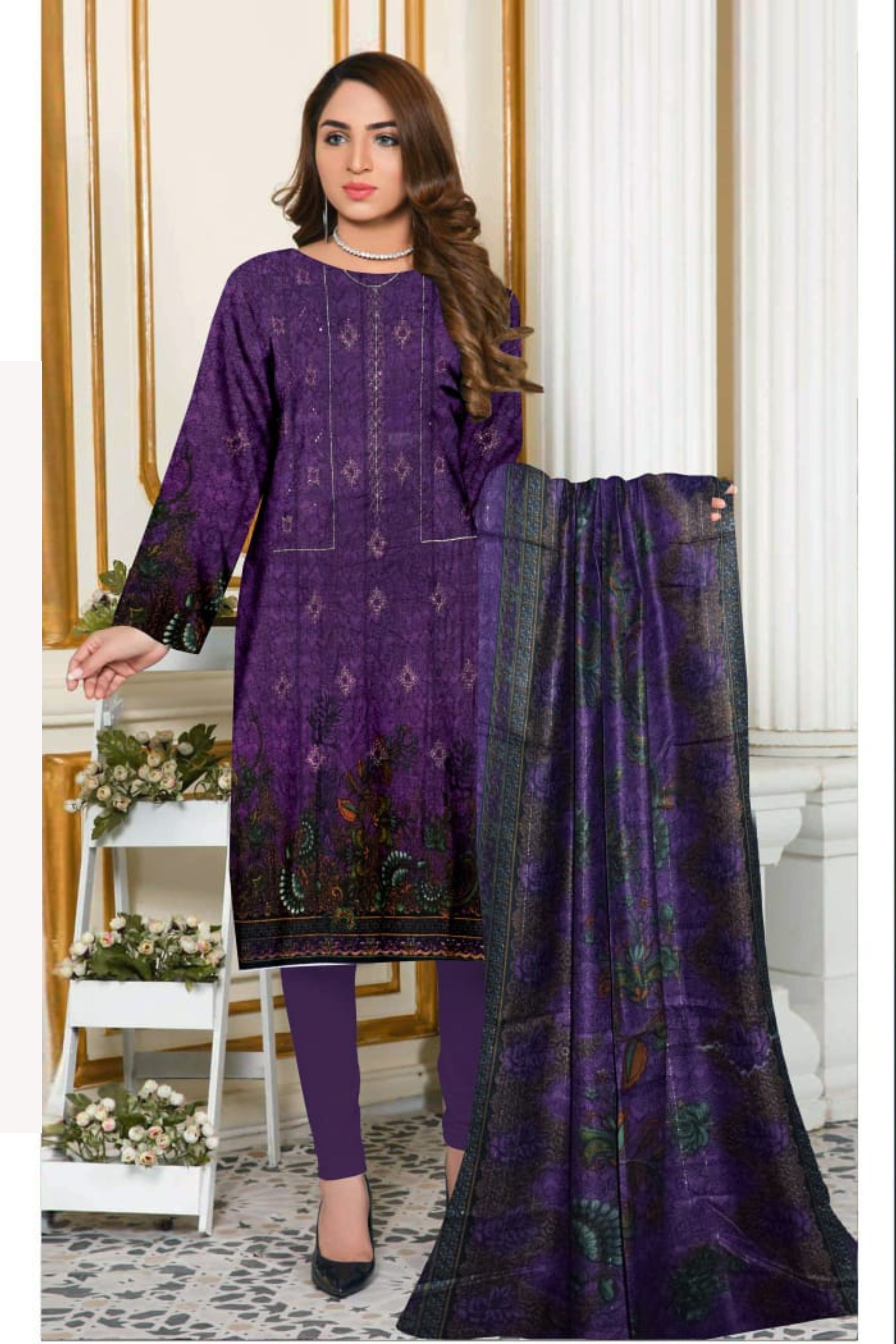 3 Piece Dhanak 2 Head Embroidery Zari Dupata ZR-1297-WC