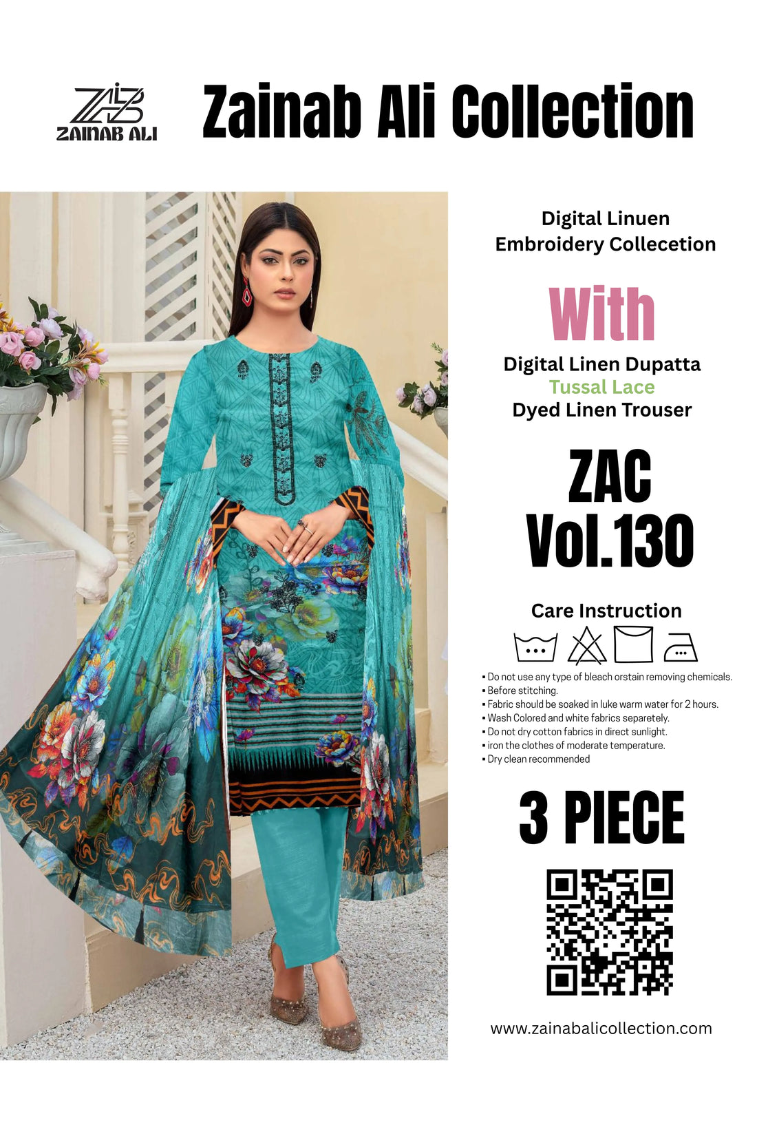3 Piece Linuen Embroidery with Tussal Lace Dupatta ZR-1306-WC