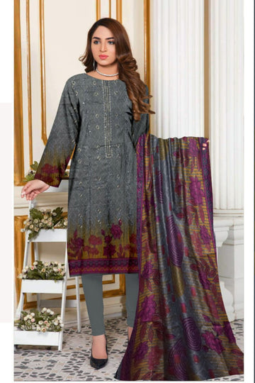3 Piece Dhanak 2 Head Embroidery Zari Dupata ZR-1299-WC