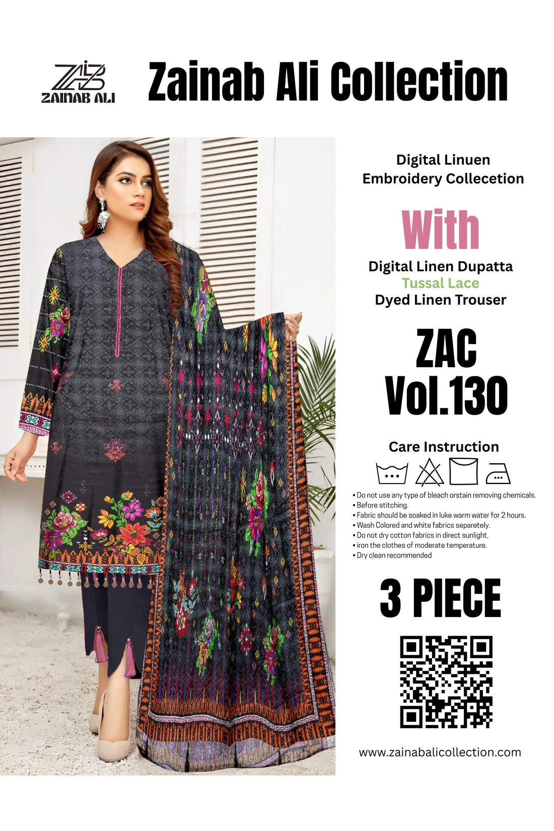 3 Piece Linuen Embroidery with Tussal Lace Dupatta ZR-1307-WC