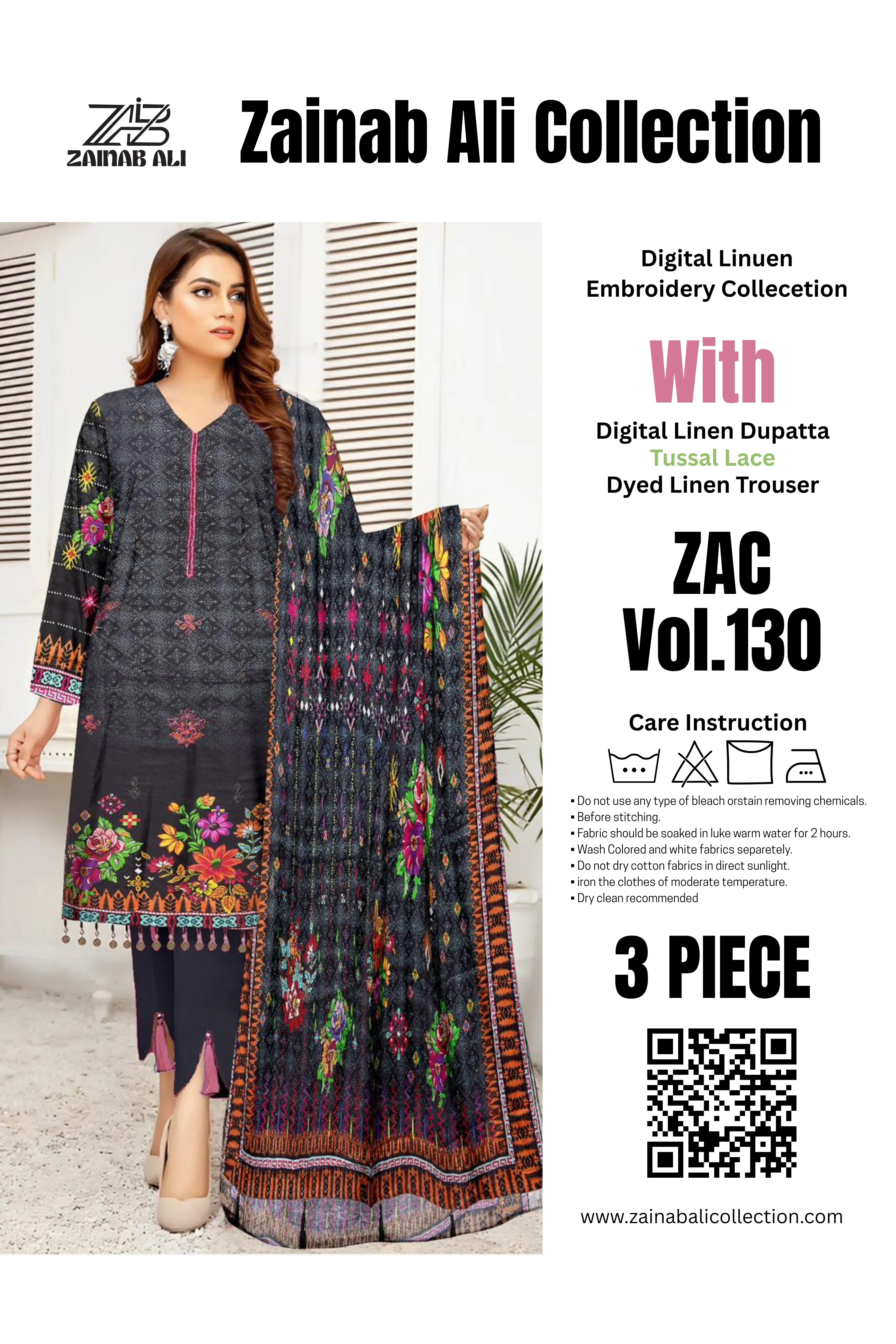 3 Piece Linuen Embroidery with Tussal Lace Dupatta ZR-1307-WC