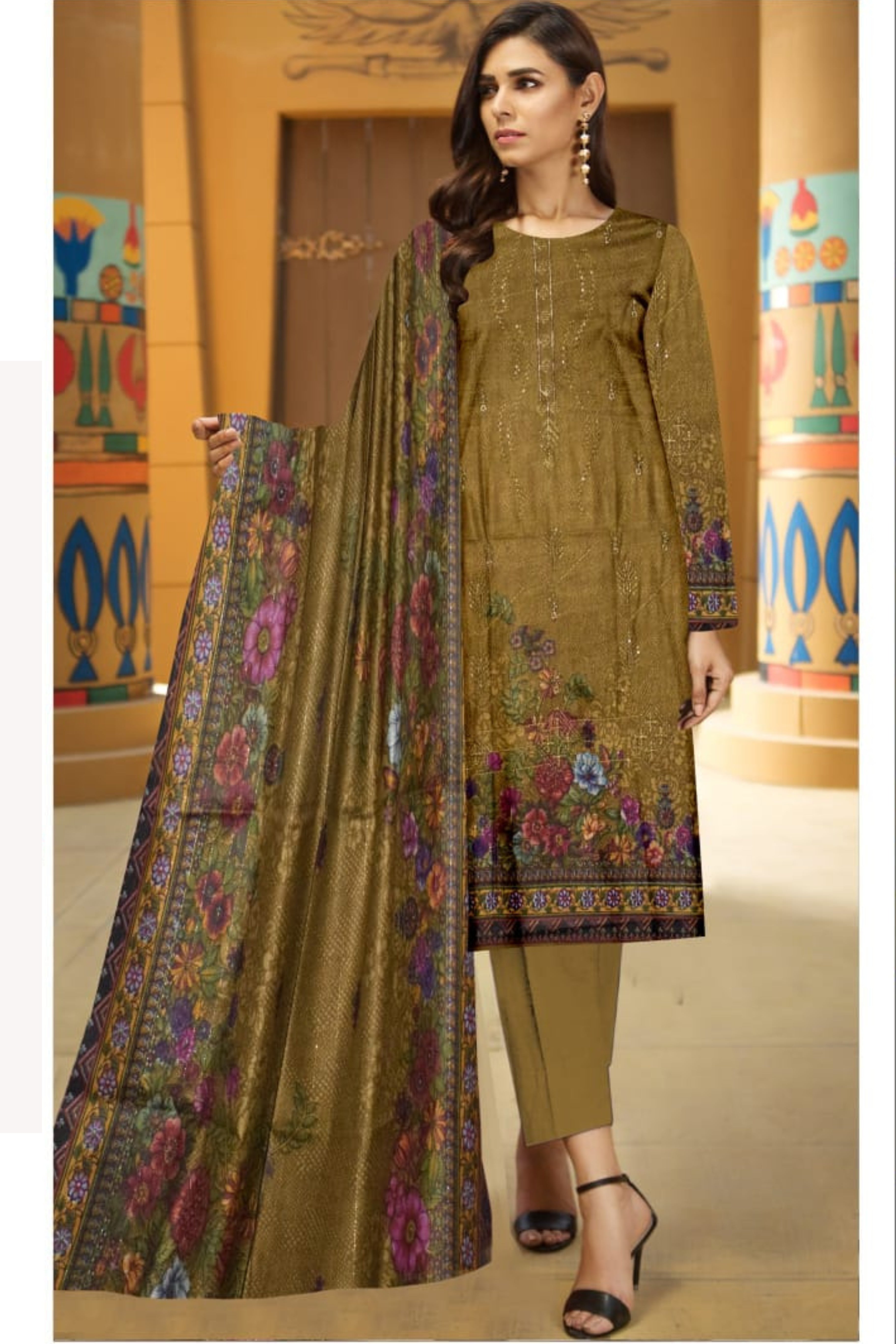 3 Piece Dhanak 2 Head Embroidery Zari Dupata ZR-1300-WC
