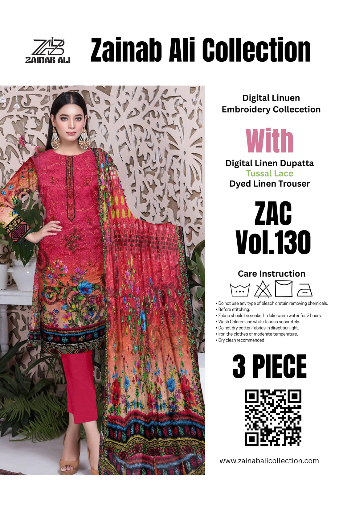 3 Piece Linuen Embroidery with Tussal Lace Dupatta ZR-1310-WC