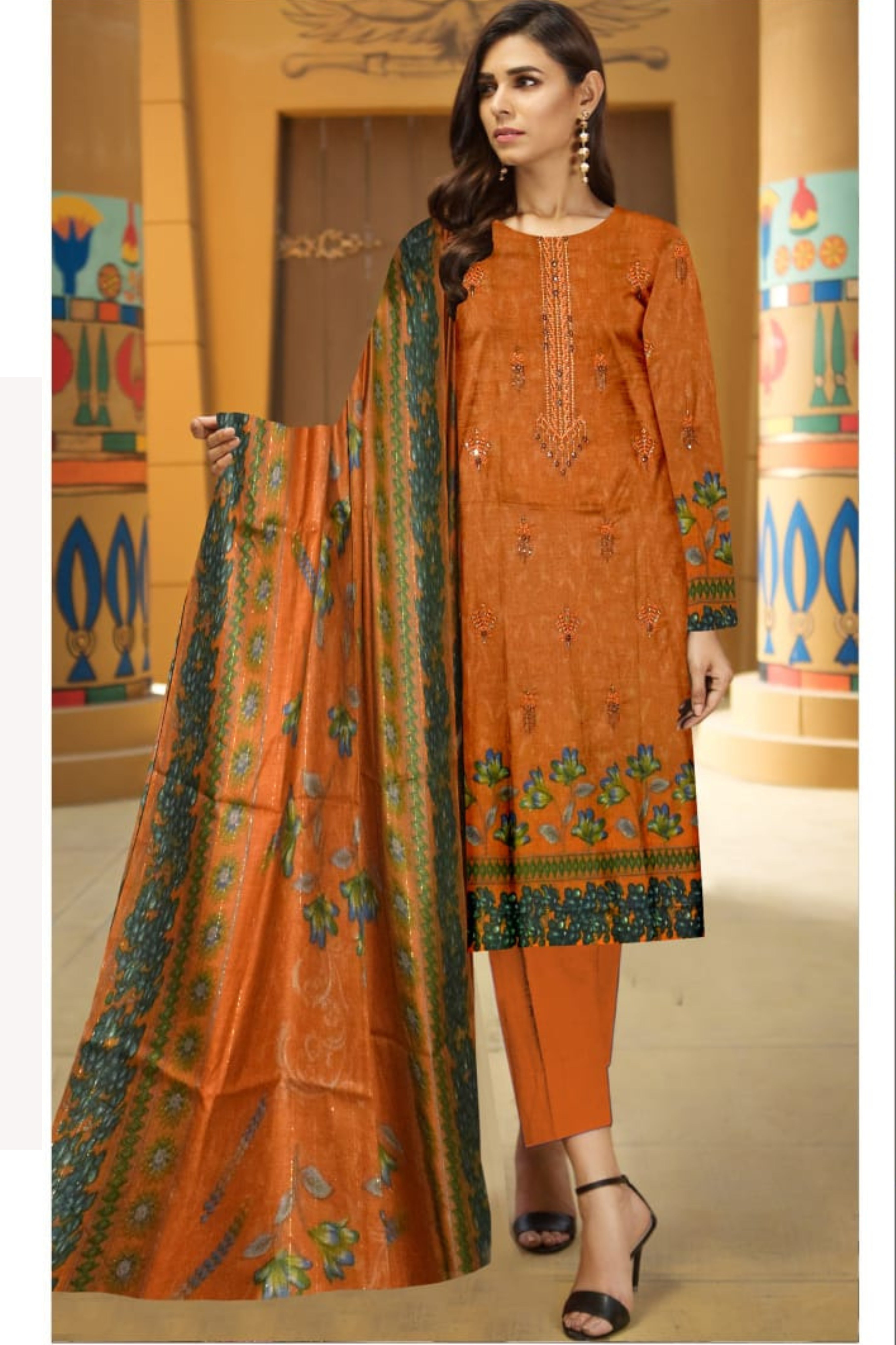 3 Piece Dhanak 2 Head Embroidery Zari Dupata ZR-1301-WC