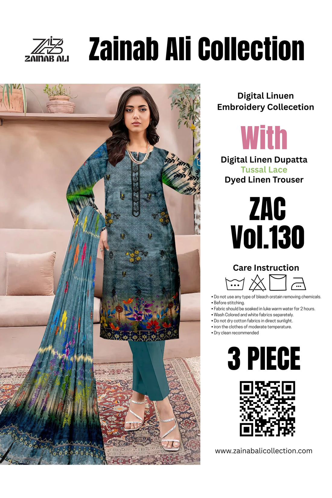 3 Piece Linuen Embroidery with Tussal Lace Dupatta ZR-1309-WC