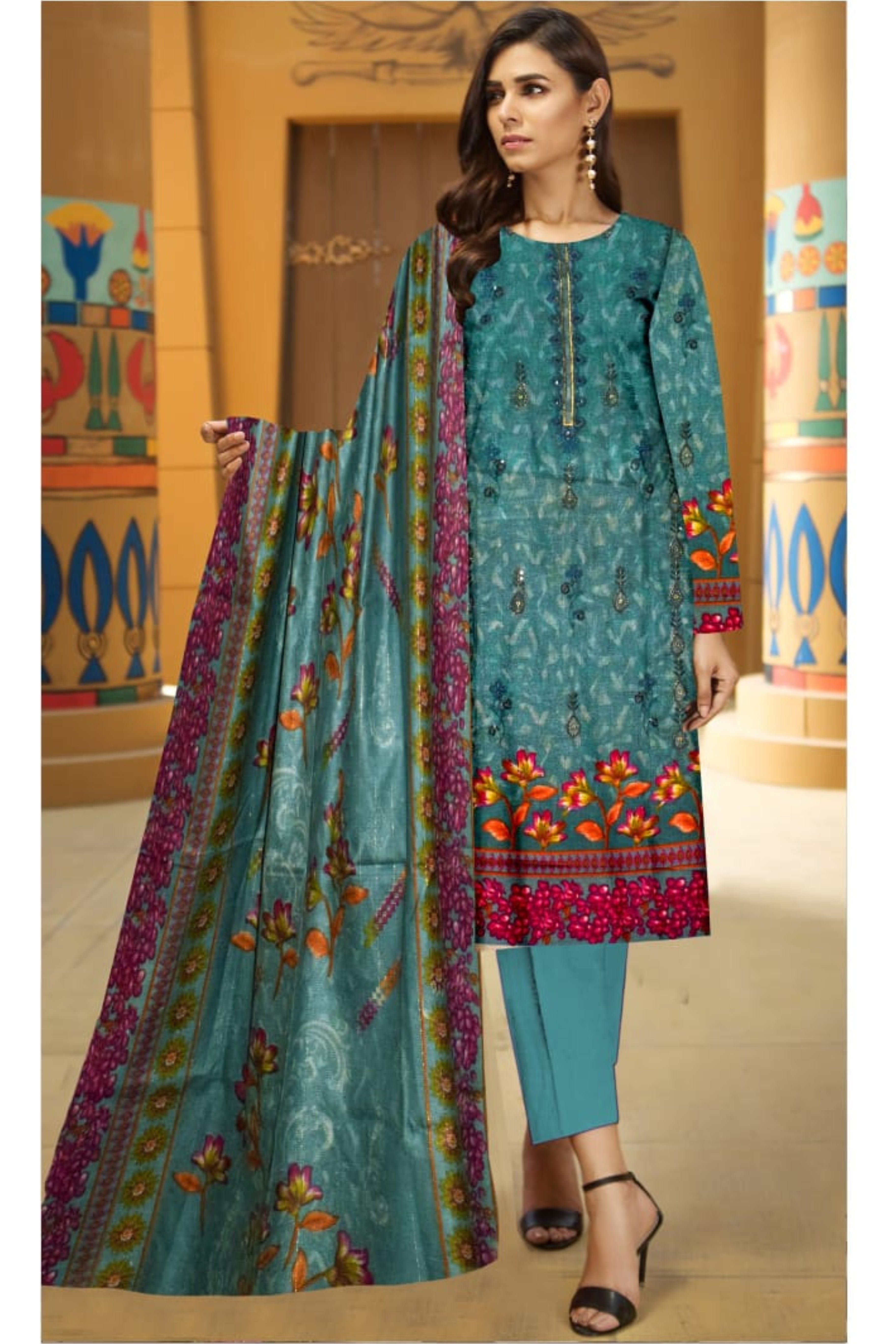 3 Piece Dhanak 2 Head Embroidery Zari Dupata ZR-1304-WC