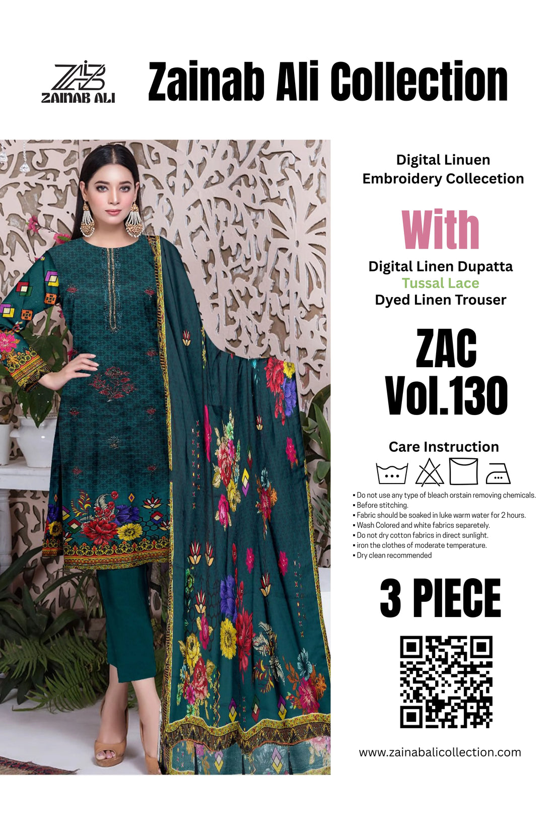 3 Piece Linuen Embroidery with Tussal Lace Dupatta ZR-1308-WC