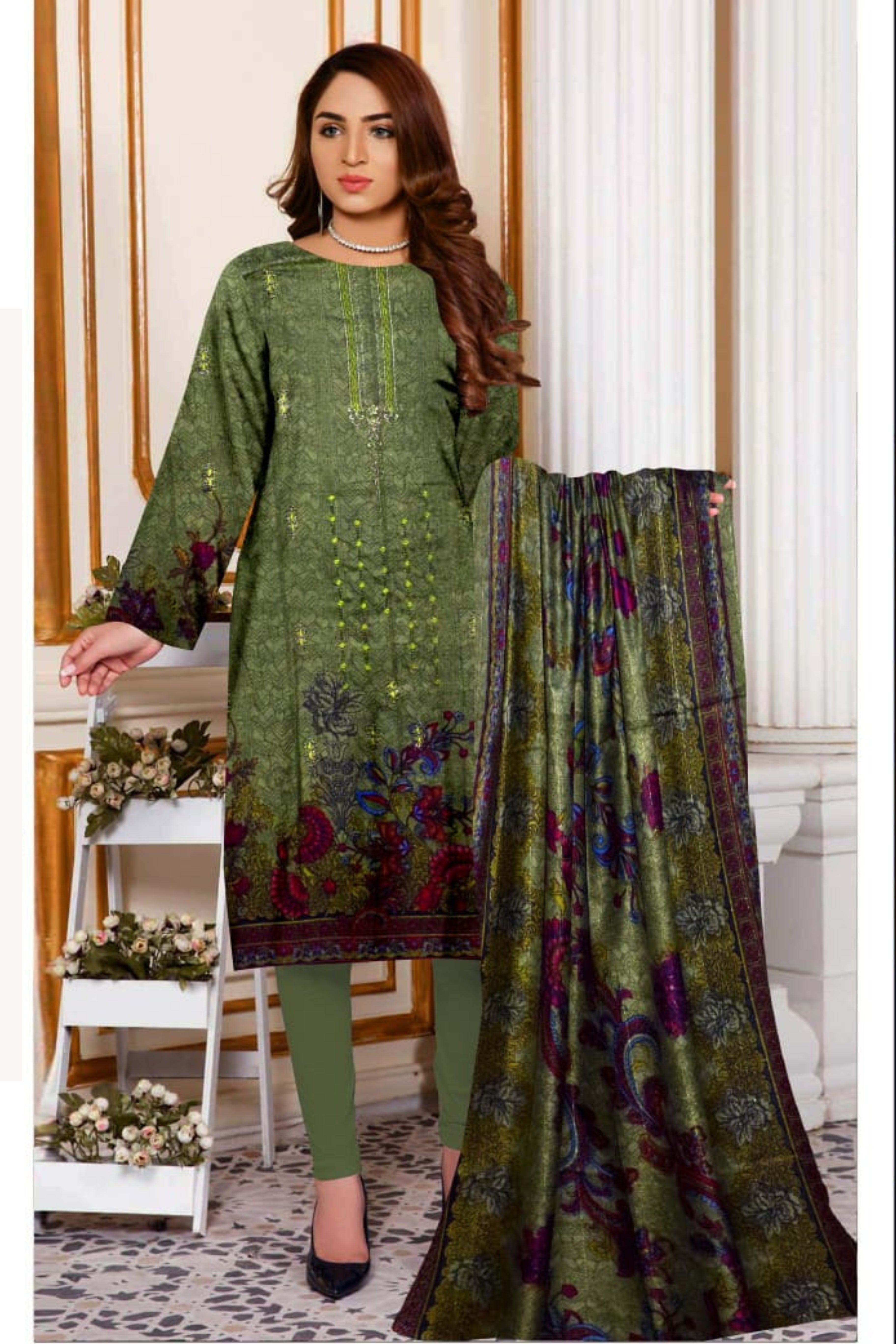 3 Piece Dhanak 2 Head Embroidery Zari Dupata ZR-1295-WC