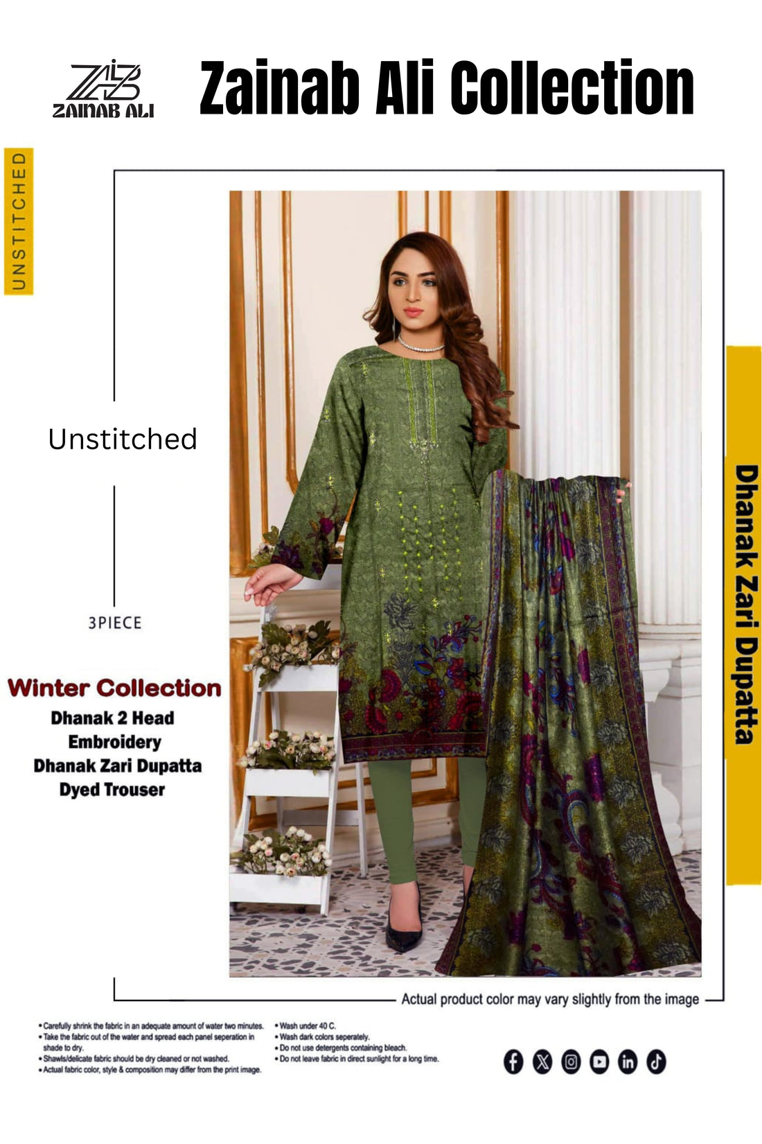 3 Piece Dhanak 2 Head Embroidery Zari Dupata ZR-1295-WC
