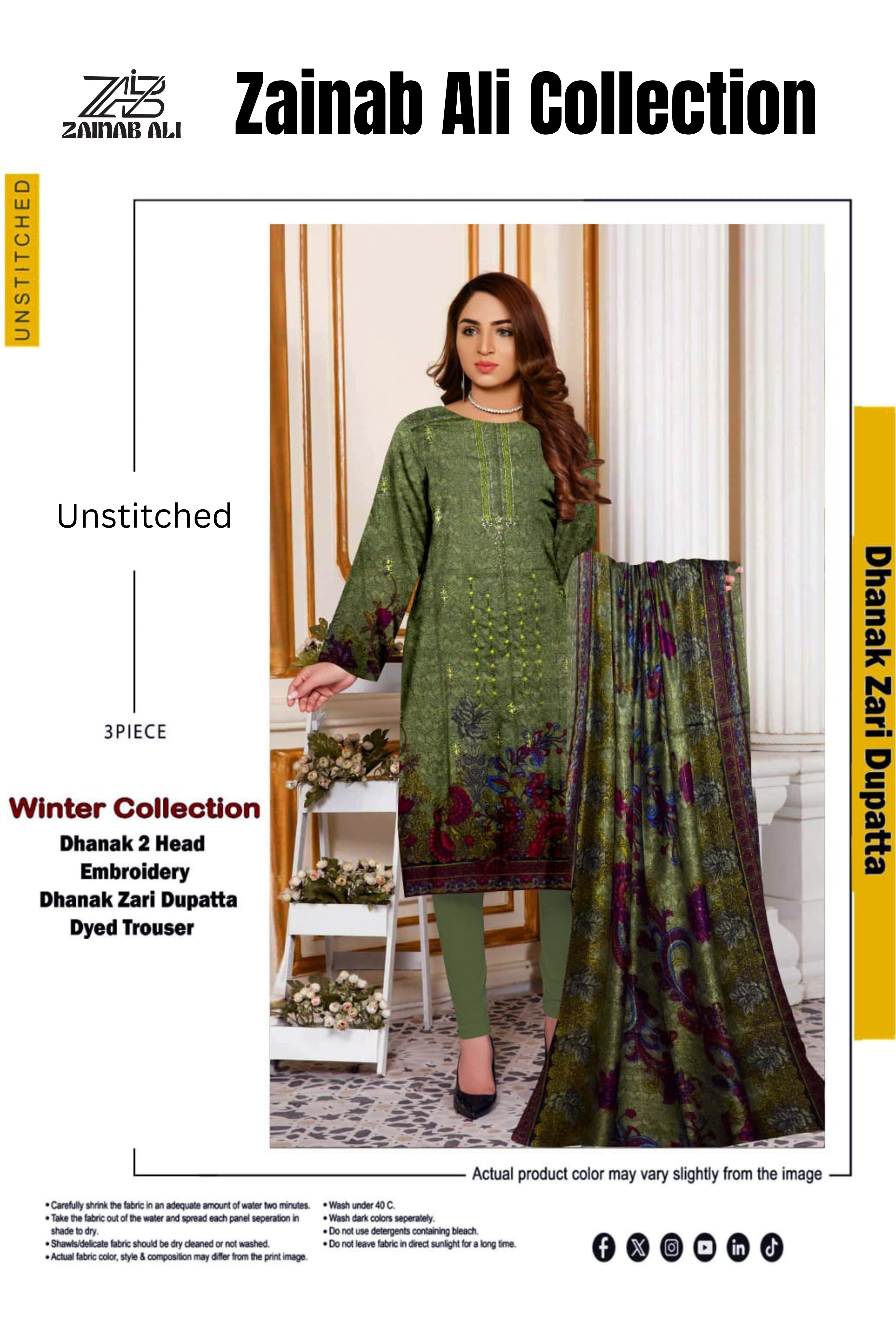 3 Piece Dhanak 2 Head Embroidery Zari Dupata ZR-1295-WC