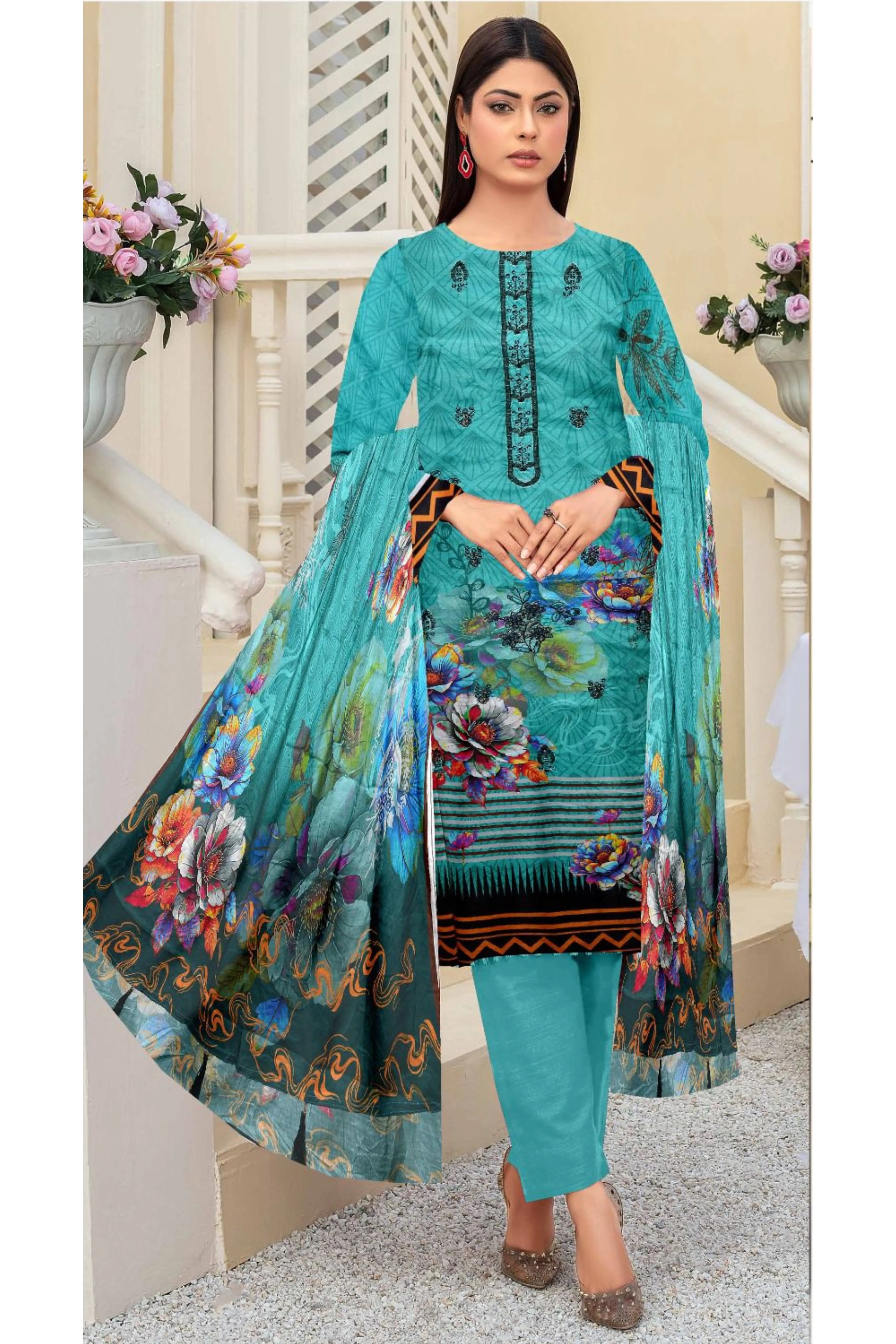 3 Piece Linuen Embroidery with Tussal Lace Dupatta ZR-1306-WC