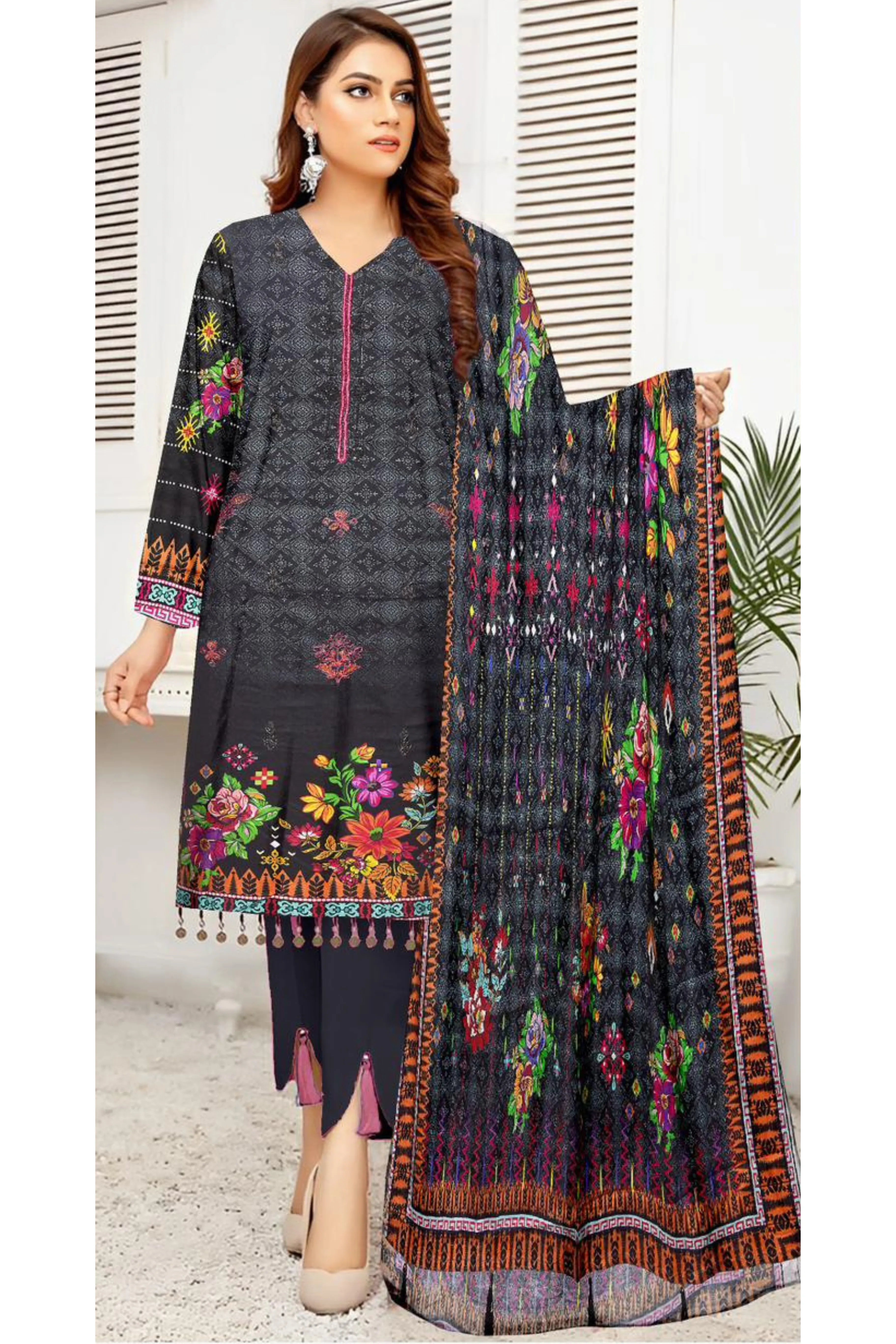 3 Piece Linuen Embroidery with Tussal Lace Dupatta ZR-1307-WC