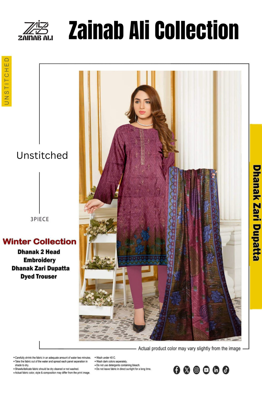 3 Piece Dhanak 2 Head Embroidery Zari Dupata ZR-1296-WC
