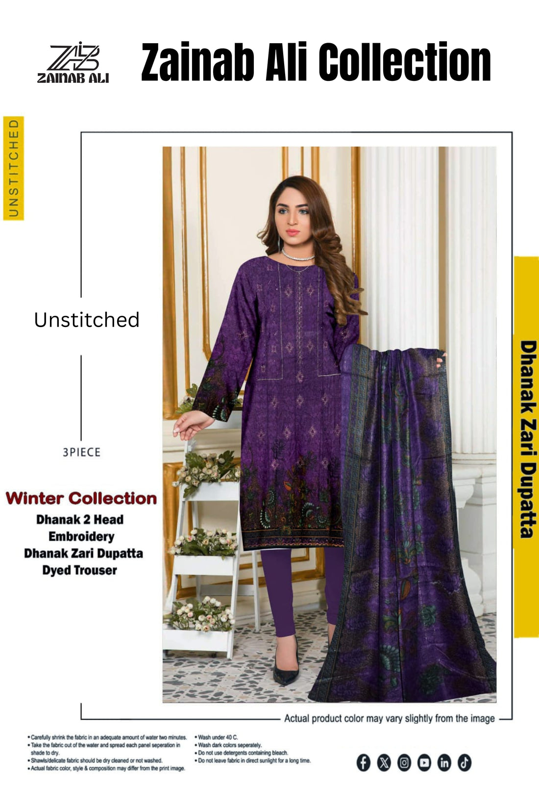 3 Piece Dhanak 2 Head Embroidery Zari Dupata ZR-1297-WC