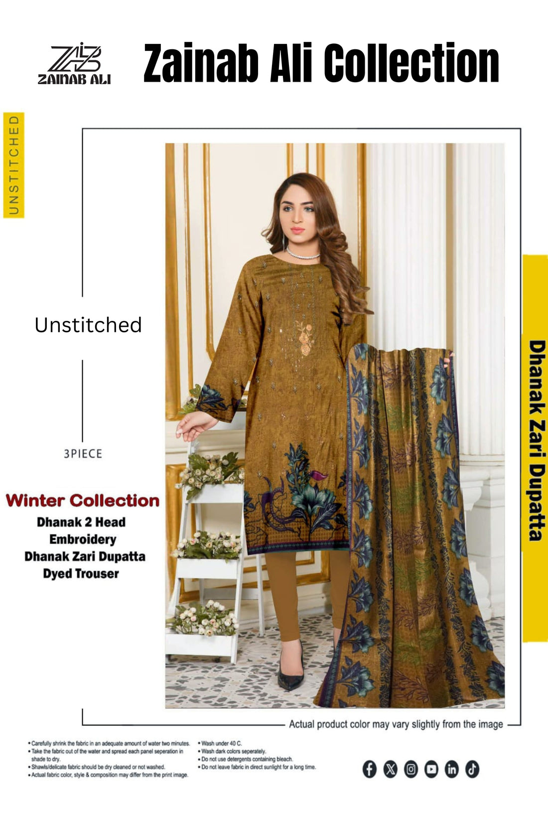 3 Piece Dhanak 2 Head Embroidery Zari Dupata ZR-1298-WC