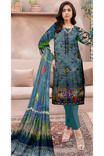3 Piece Linuen Embroidery with Tussal Lace Dupatta ZR-1309-WC