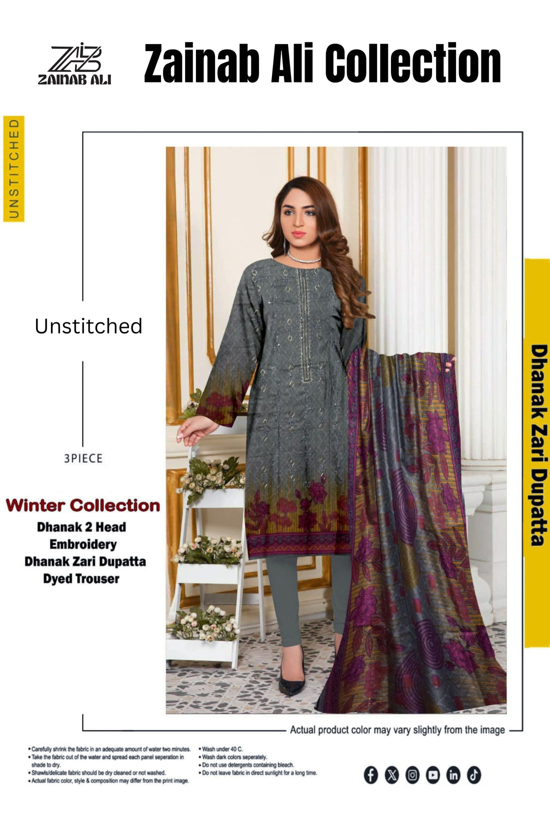 3 Piece Dhanak 2 Head Embroidery Zari Dupata ZR-1299-WC