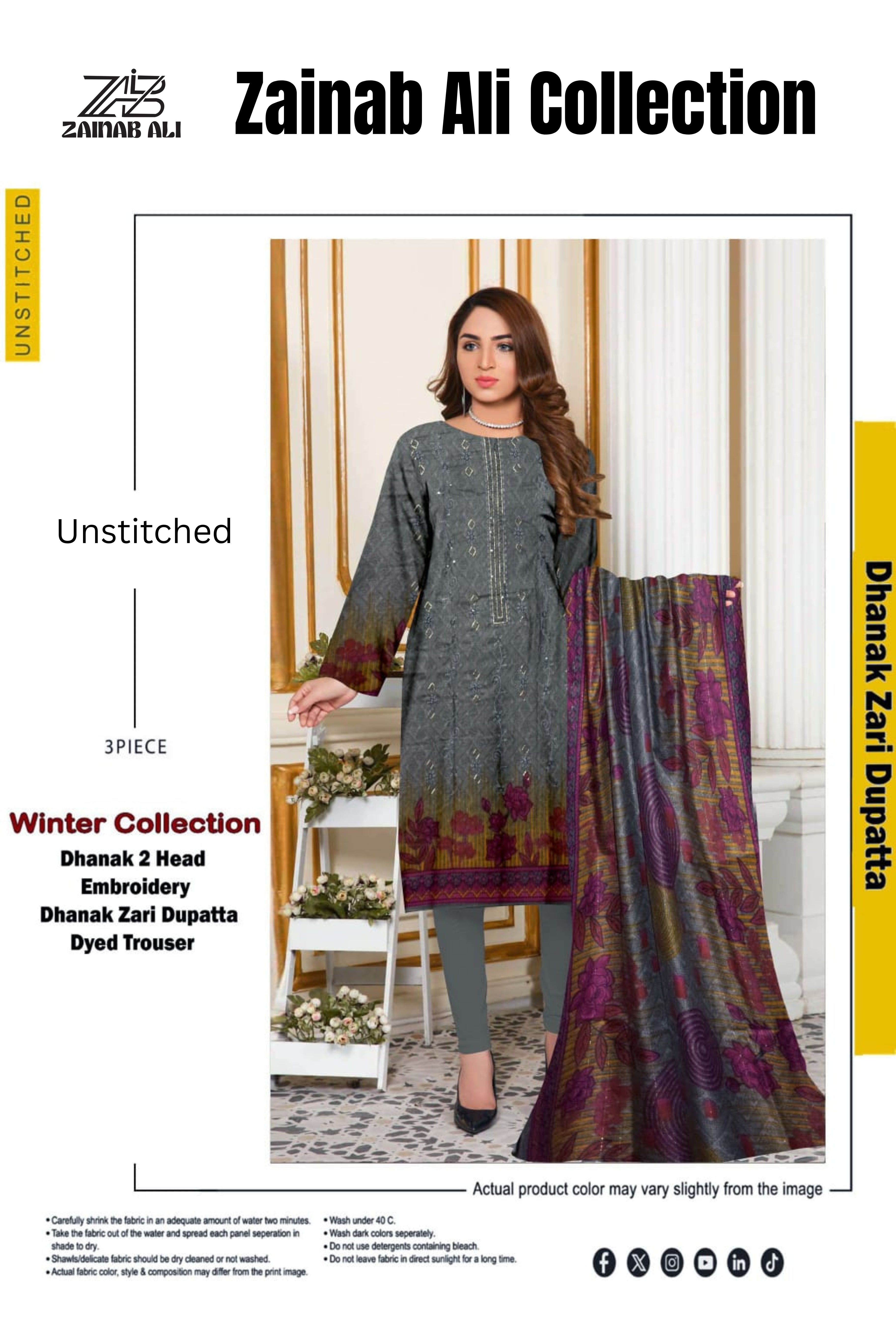 3 Piece Dhanak 2 Head Embroidery Zari Dupata ZR-1299-WC