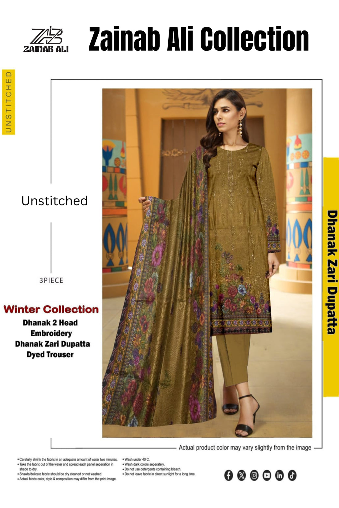 3 Piece Dhanak 2 Head Embroidery Zari Dupata ZR-1300-WC