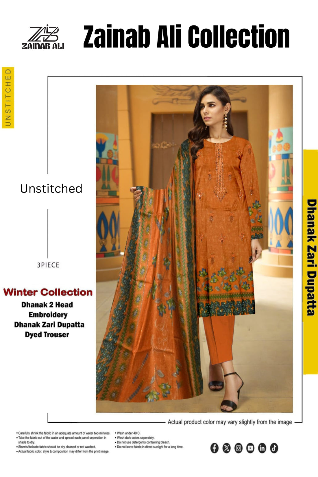 3 Piece Dhanak 2 Head Embroidery Zari Dupata ZR-1301-WC