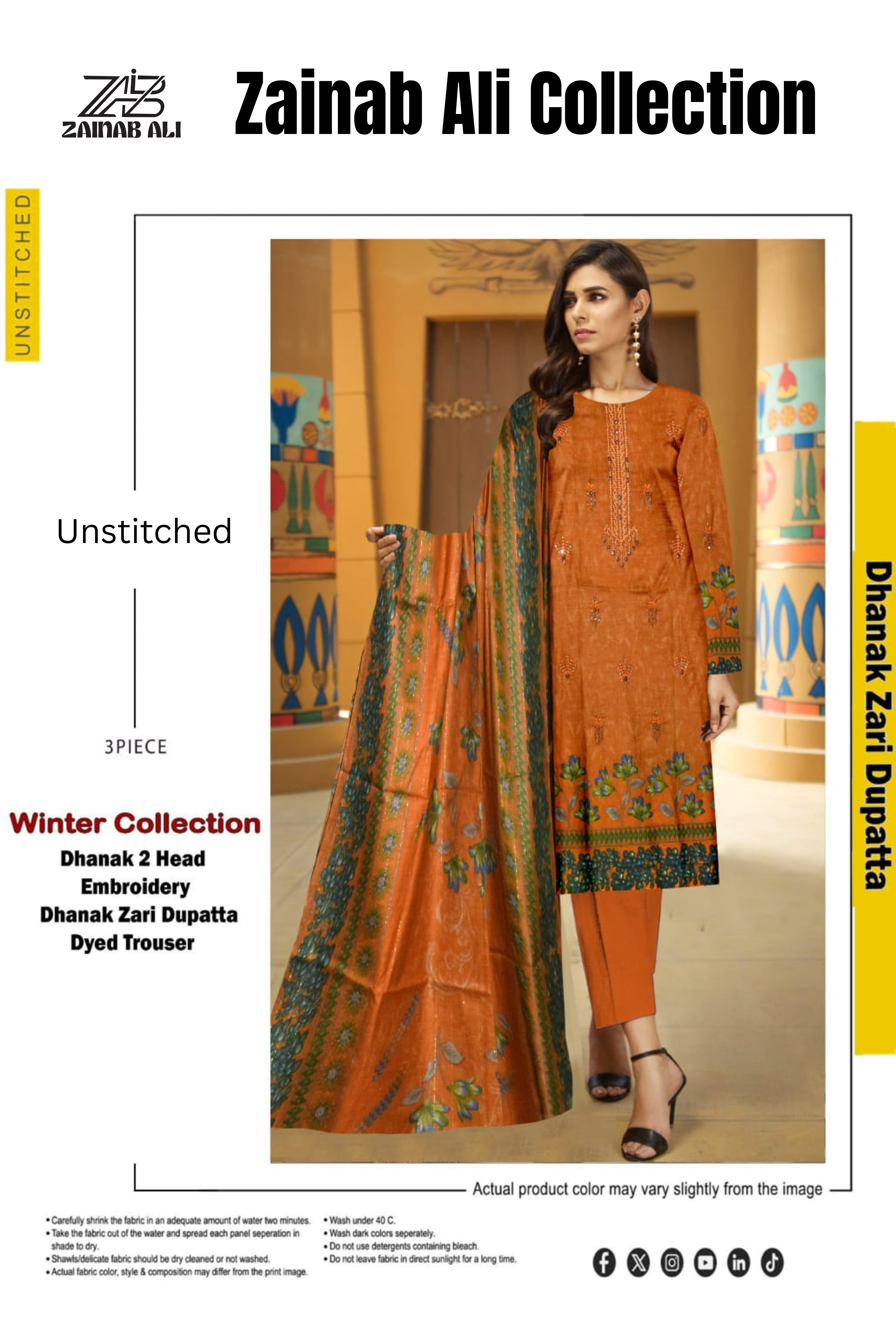 3 Piece Dhanak 2 Head Embroidery Zari Dupata ZR-1301-WC