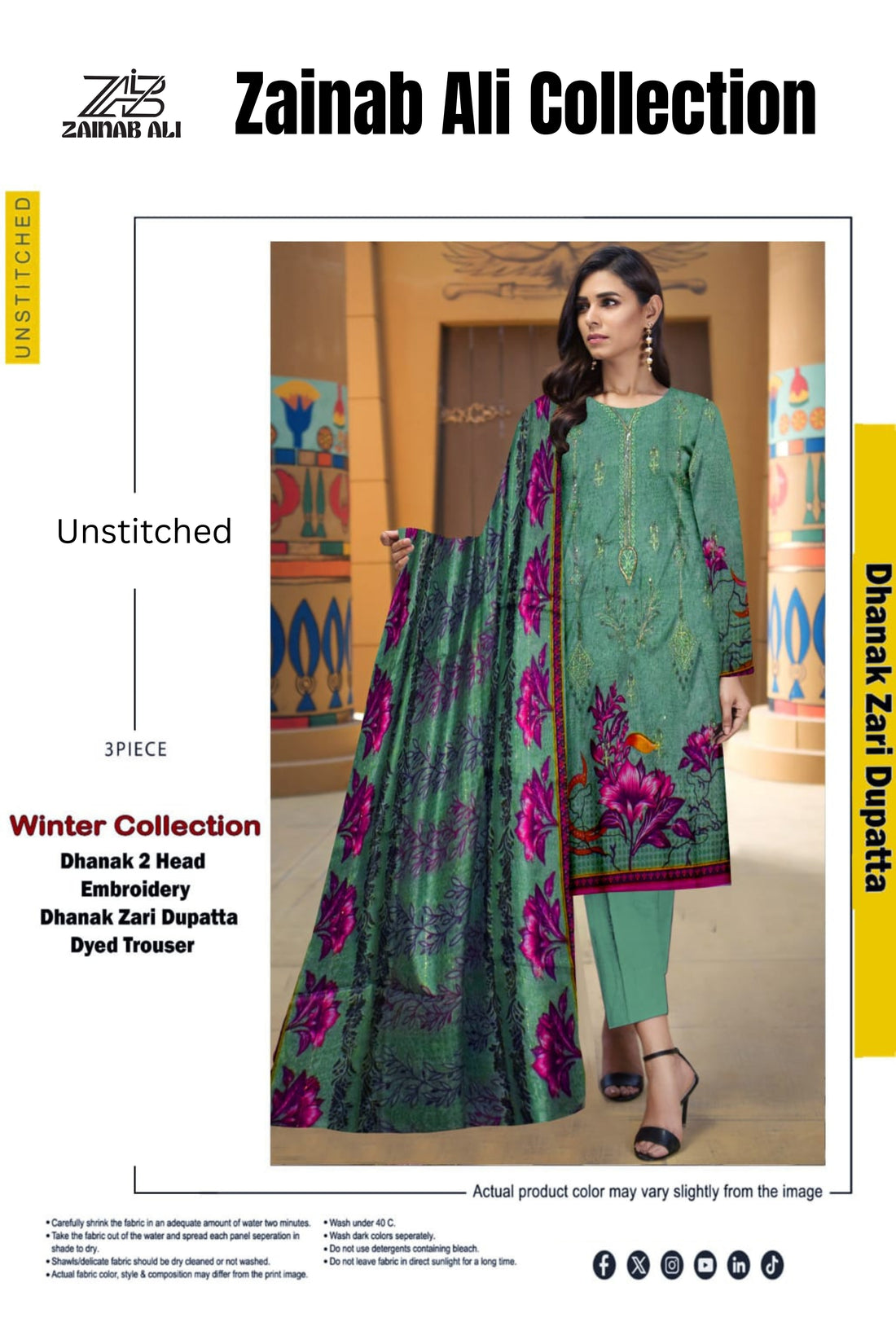 3 Piece Dhanak 2 Head Embroidery Zari Dupata ZR-1302-WC