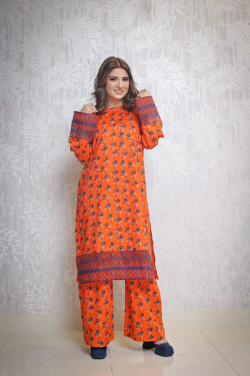 2 Piece - Orange Color Printed Soft Lawn | ZB1008-SM