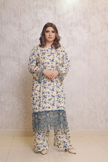 2 Piece - Off White Beige Printed With Border Soft Lawn | ZB1002-SM