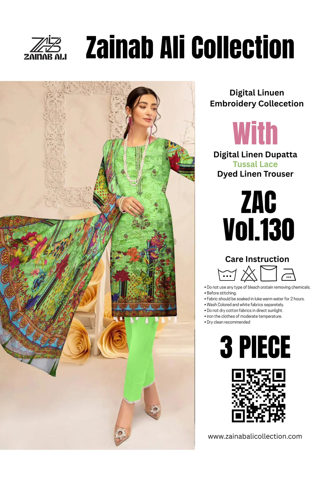 3 Piece Linuen Embroidery with Tussal Lace Dupatta ZR-1311-WC