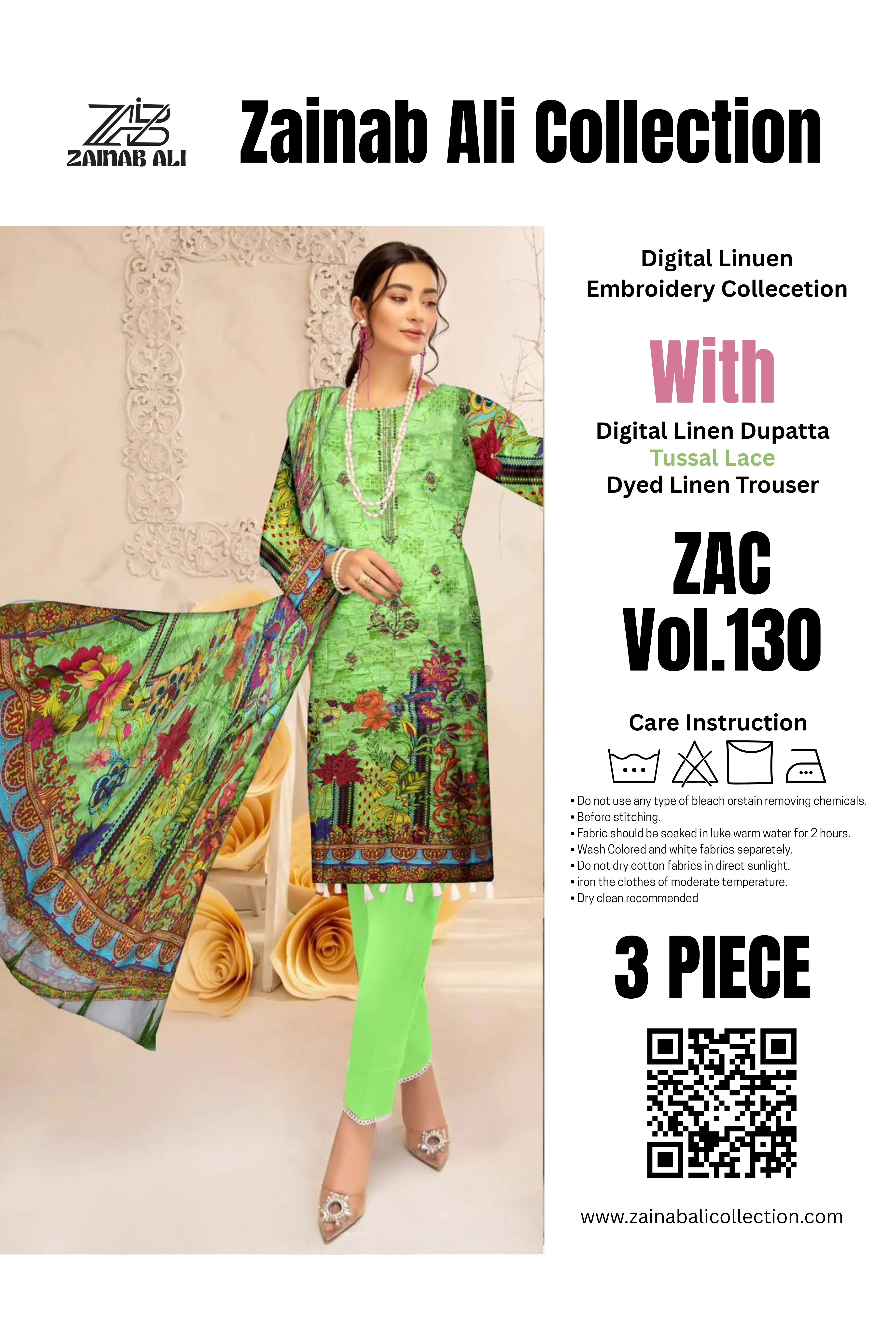 3 Piece Linuen Embroidery with Tussal Lace Dupatta ZR-1311-WC