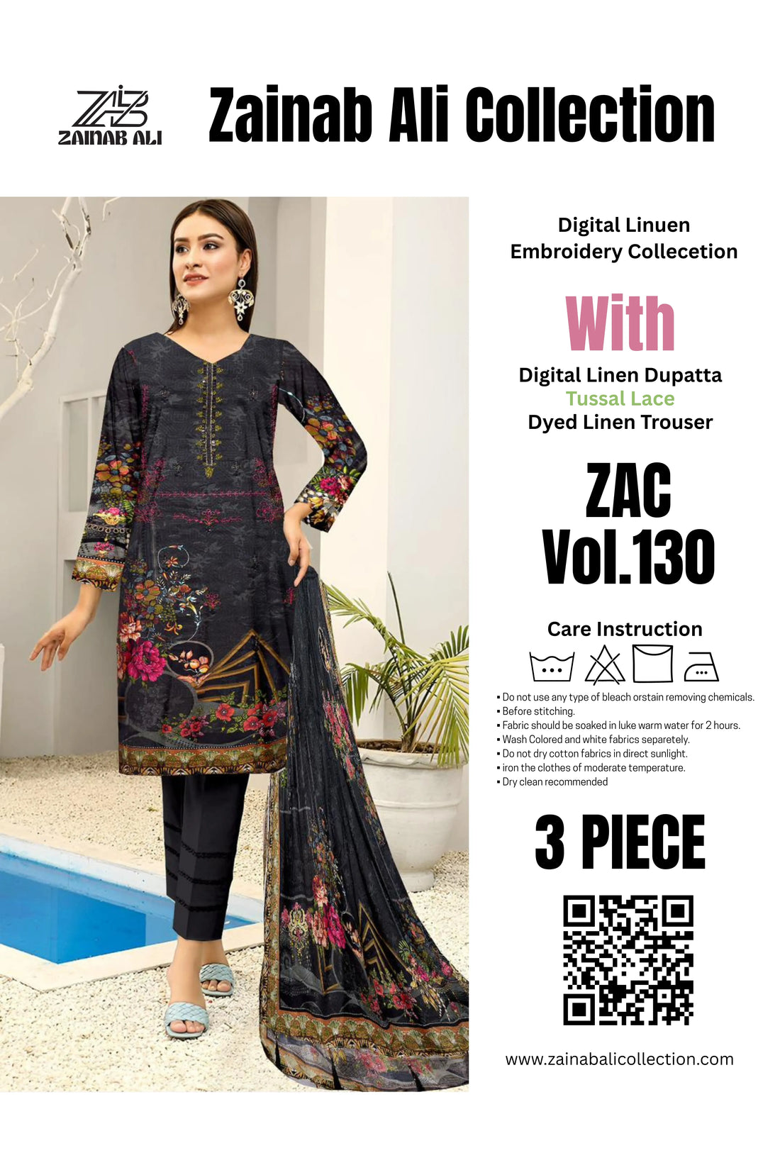 3 Piece Linuen Embroidery with Tussal Lace Dupatta ZR-1312-WC
