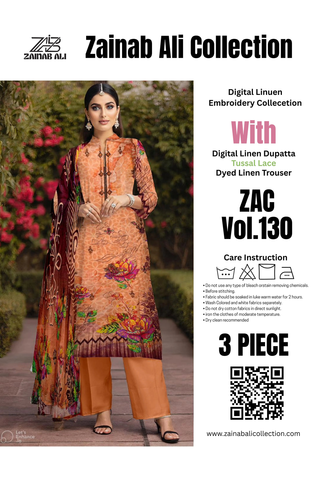 3 Piece Linuen Embroidery with Tussal Lace Dupatta ZR-1313-WC
