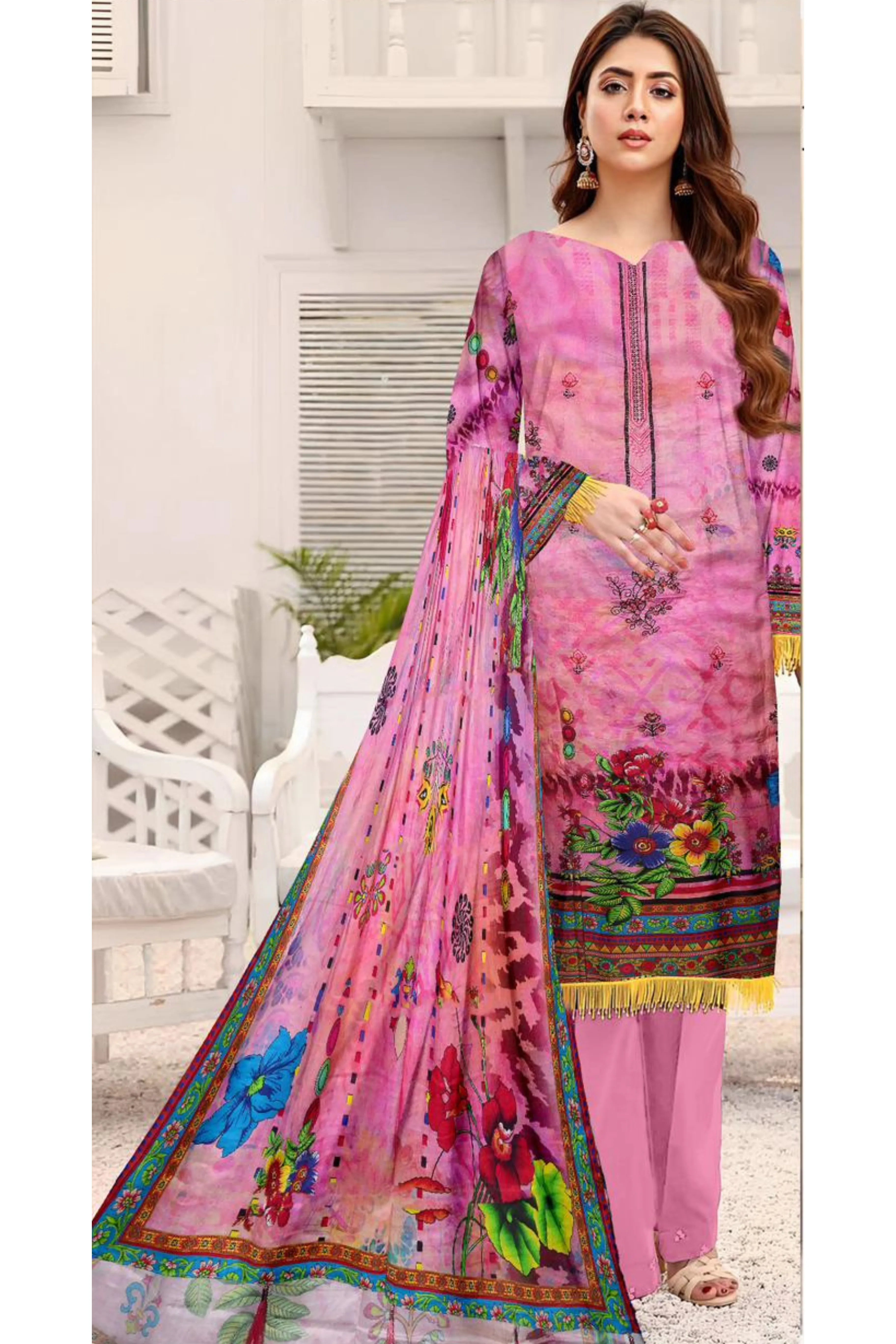3 Piece Linuen Embroidery with Tussal Lace Dupatta ZR-1314-WC