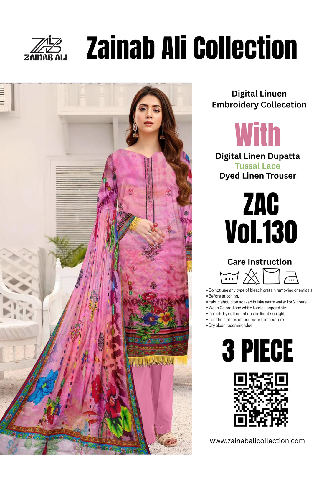 3 Piece Linuen Embroidery with Tussal Lace Dupatta ZR-1314-WC