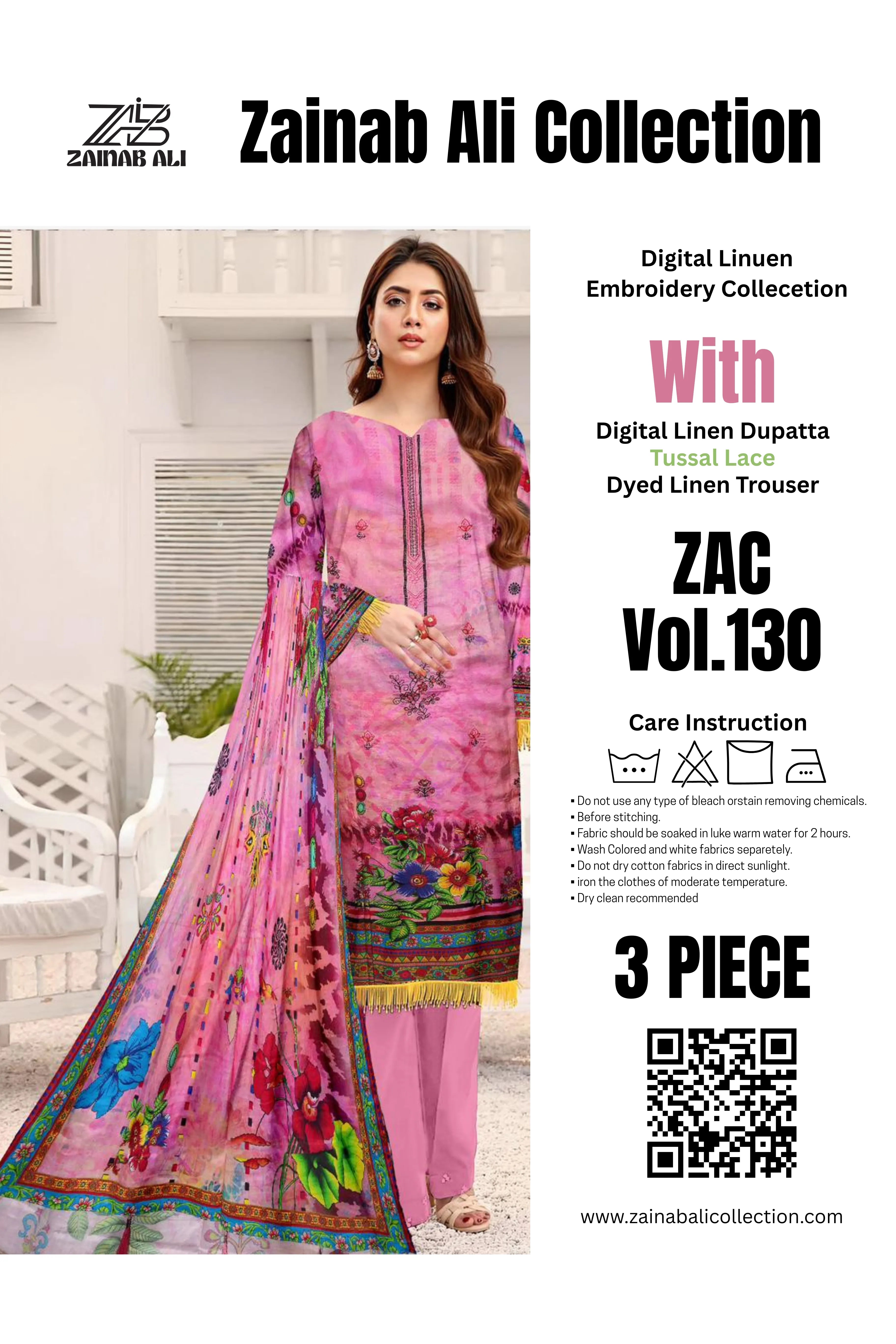 3 Piece Linuen Embroidery with Tussal Lace Dupatta ZR-1314-WC