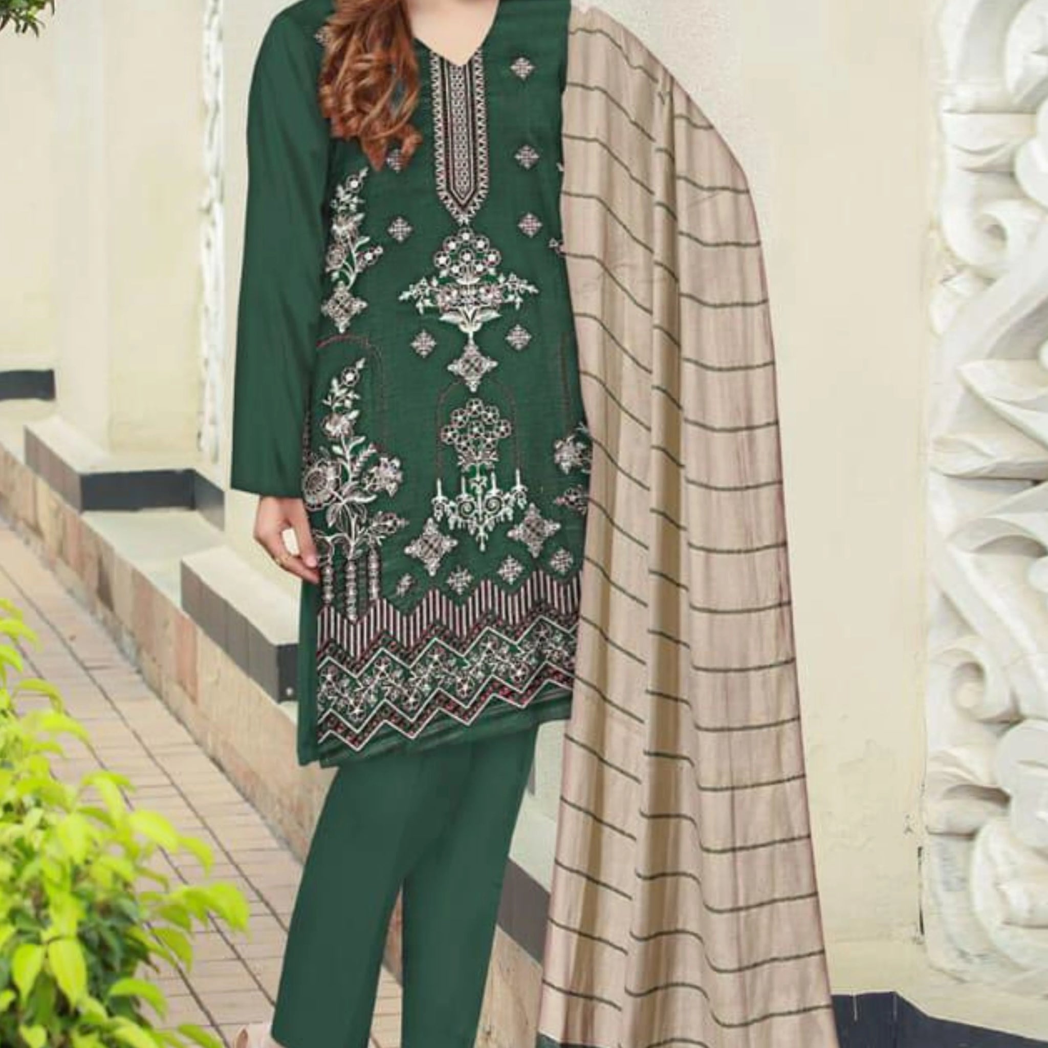 3 Piece Dhanak Bana doria Front Embroidery Skin valvet shawl ZR-1293-WC