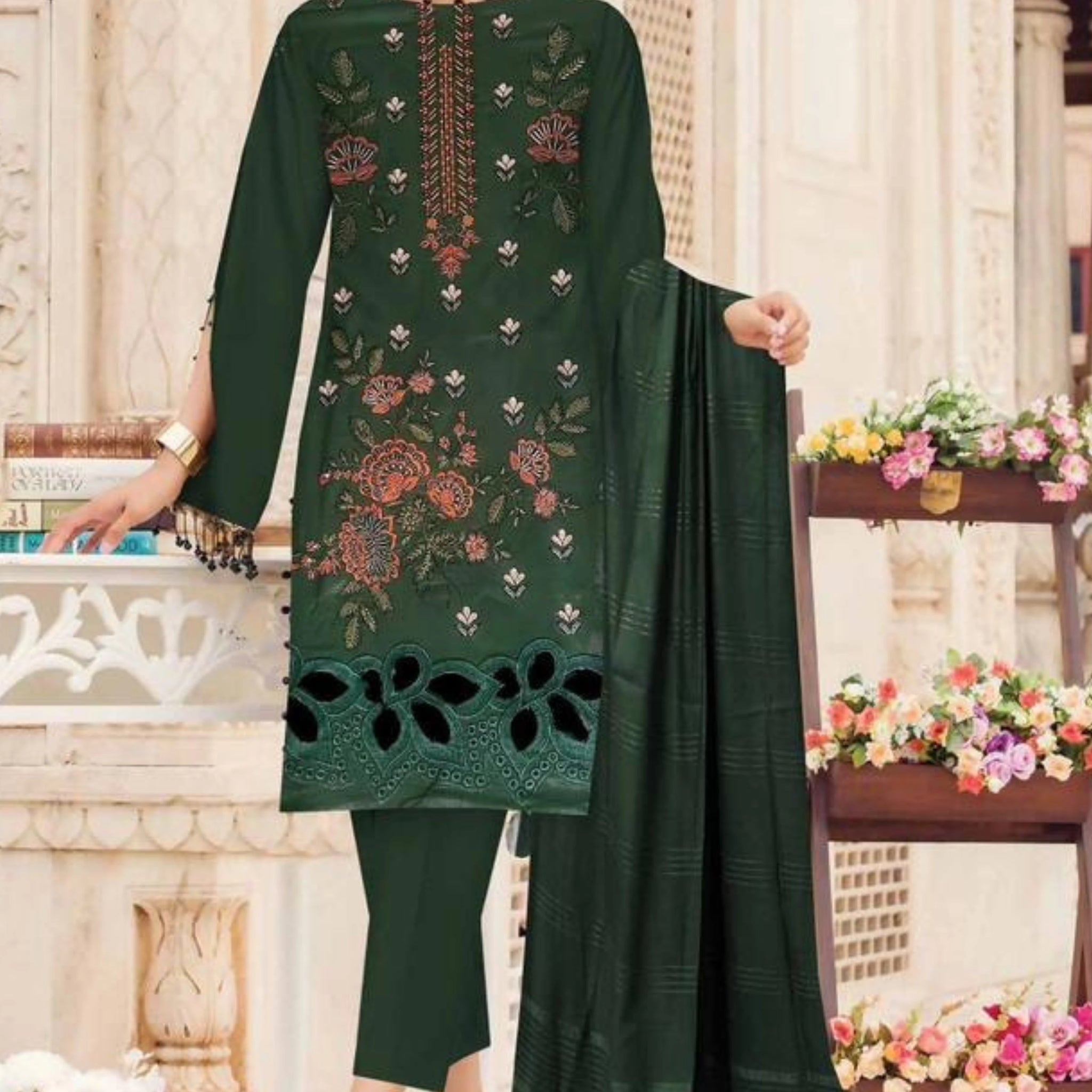3 Piece Gul Ahmad Dhanak Karahi Valvet Shawl ZR-1290-WC