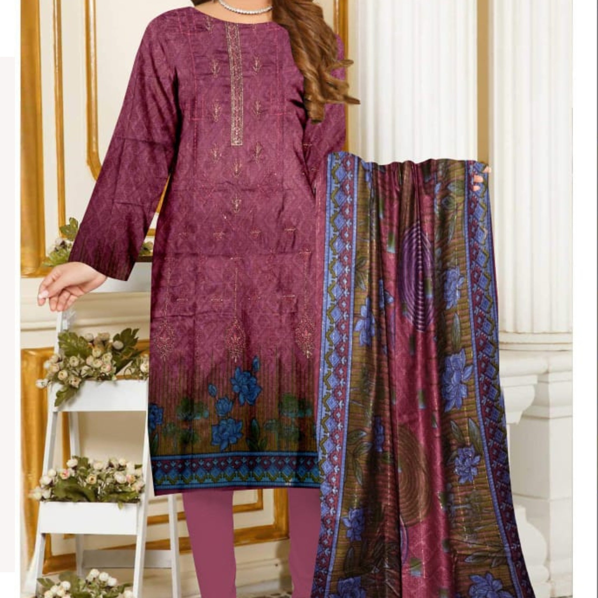 3 Piece Dhanak 2 Head Embroidery Zari Dupata ZR-1296-WC