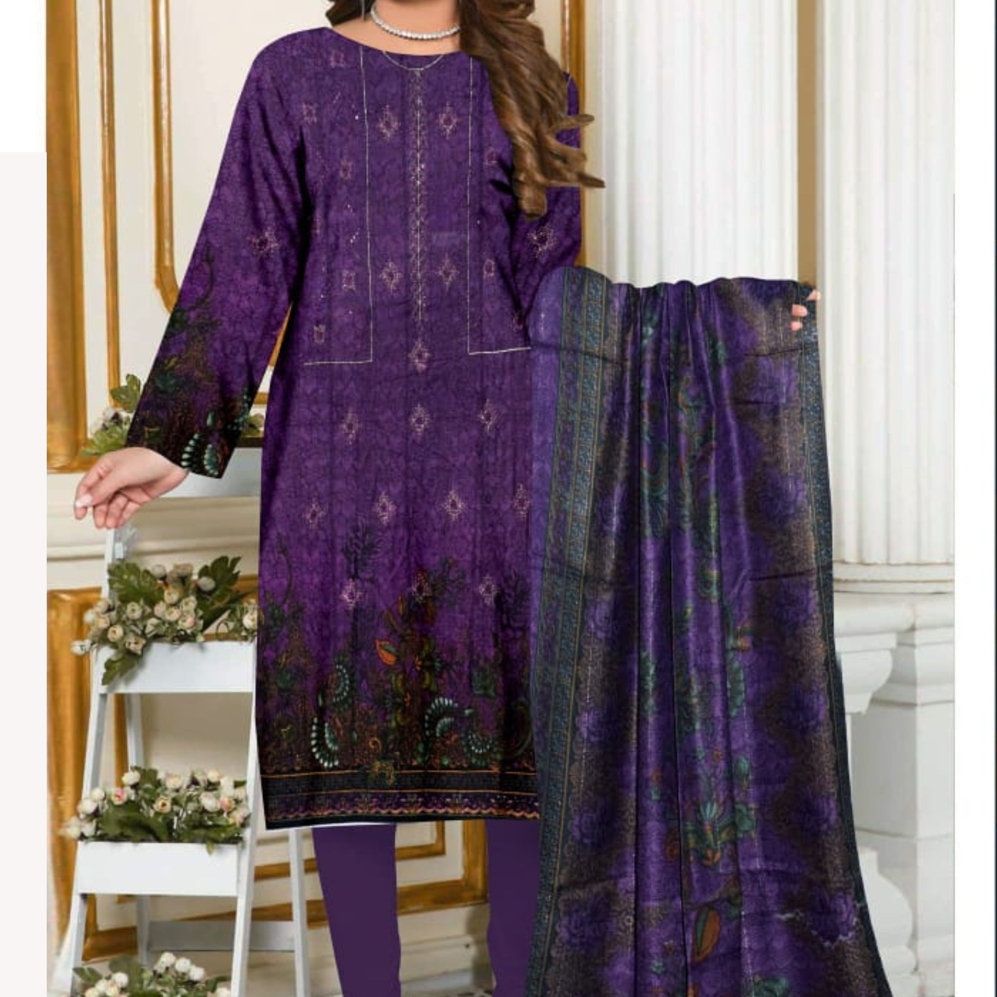 3 Piece Dhanak 2 Head Embroidery Zari Dupata ZR-1297-WC