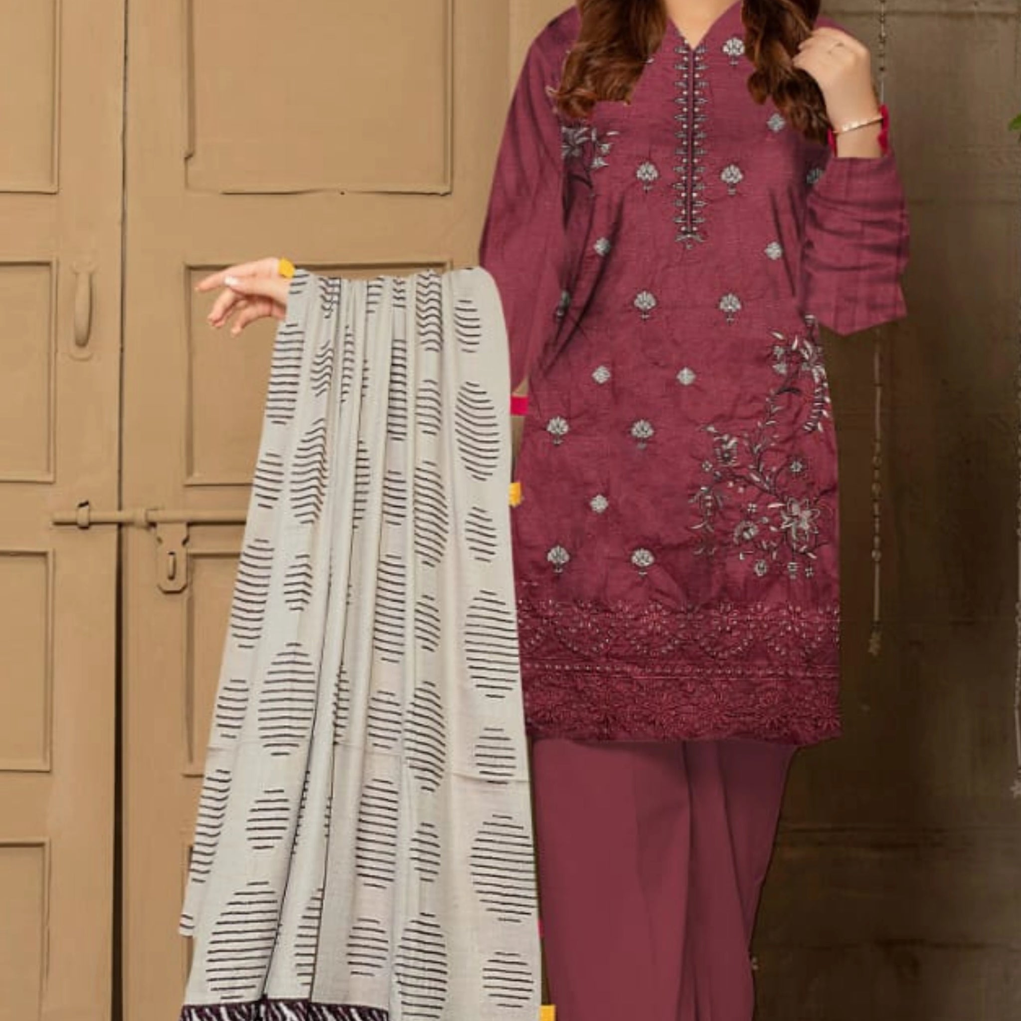 3 Piece Dhanak Bana Doria Embroidery Front with Chamki Shawl ZR-1292-WC