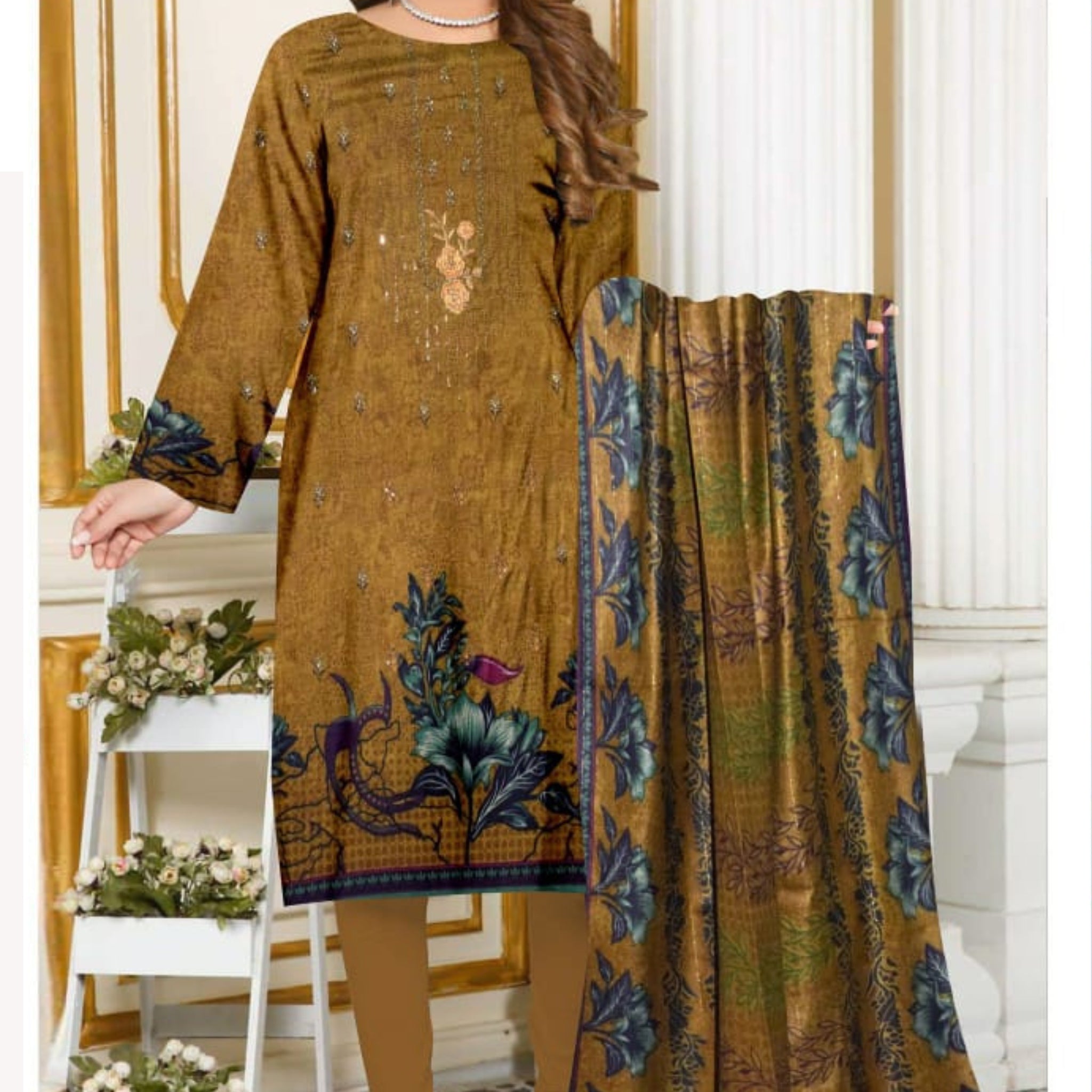 3 Piece Dhanak 2 Head Embroidery Zari Dupata ZR-1298-WC