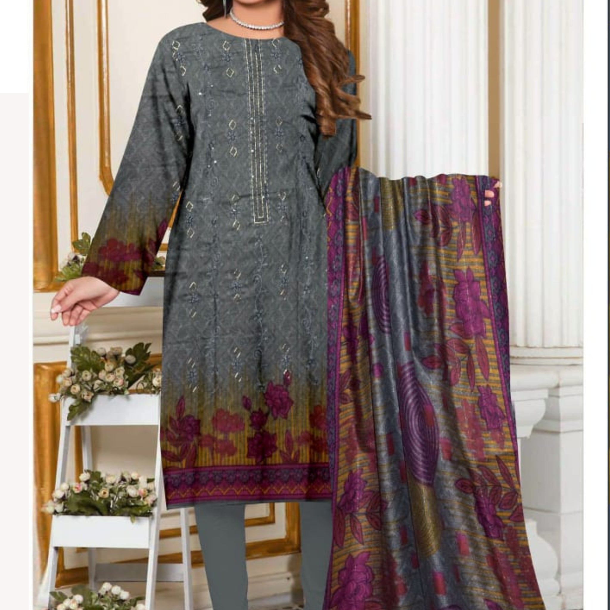 3 Piece Dhanak 2 Head Embroidery Zari Dupata ZR-1299-WC