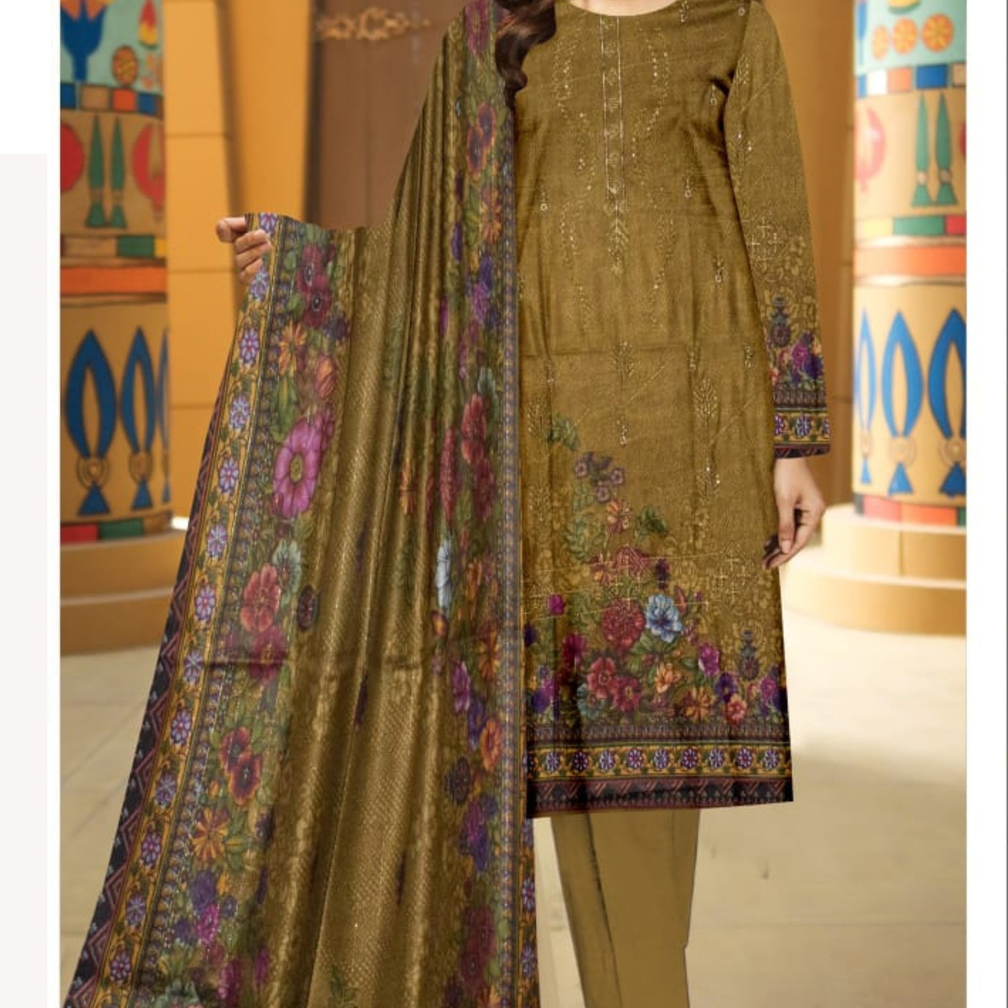 3 Piece Dhanak 2 Head Embroidery Zari Dupata ZR-1300-WC