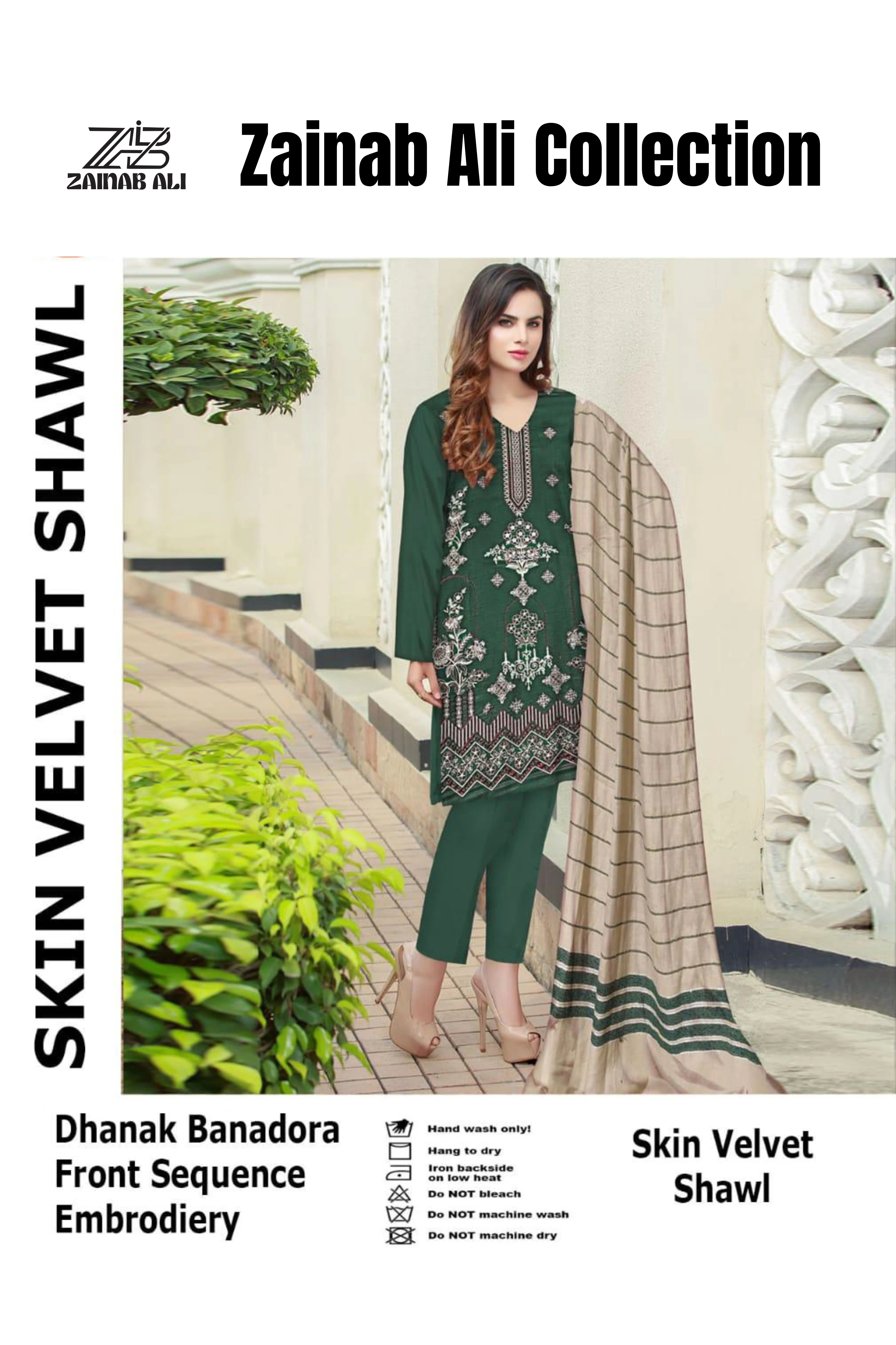 3 Piece Dhanak Bana doria Front Embroidery Skin valvet shawl ZR-1293-WC