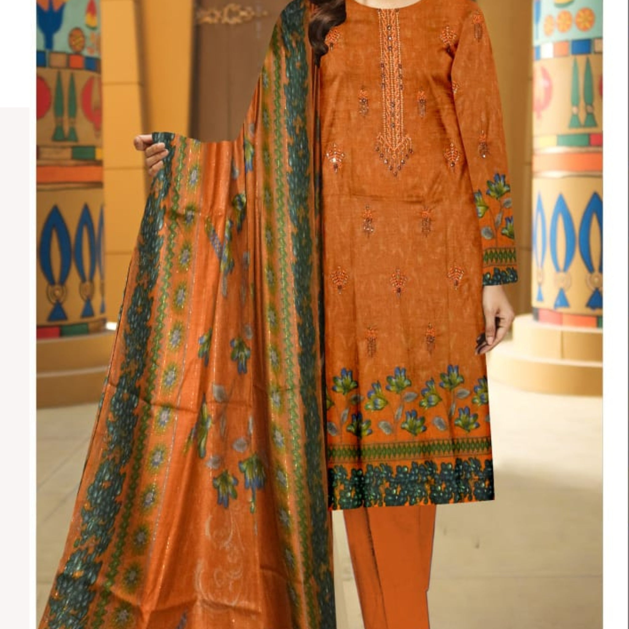 3 Piece Dhanak 2 Head Embroidery Zari Dupata ZR-1301-WC