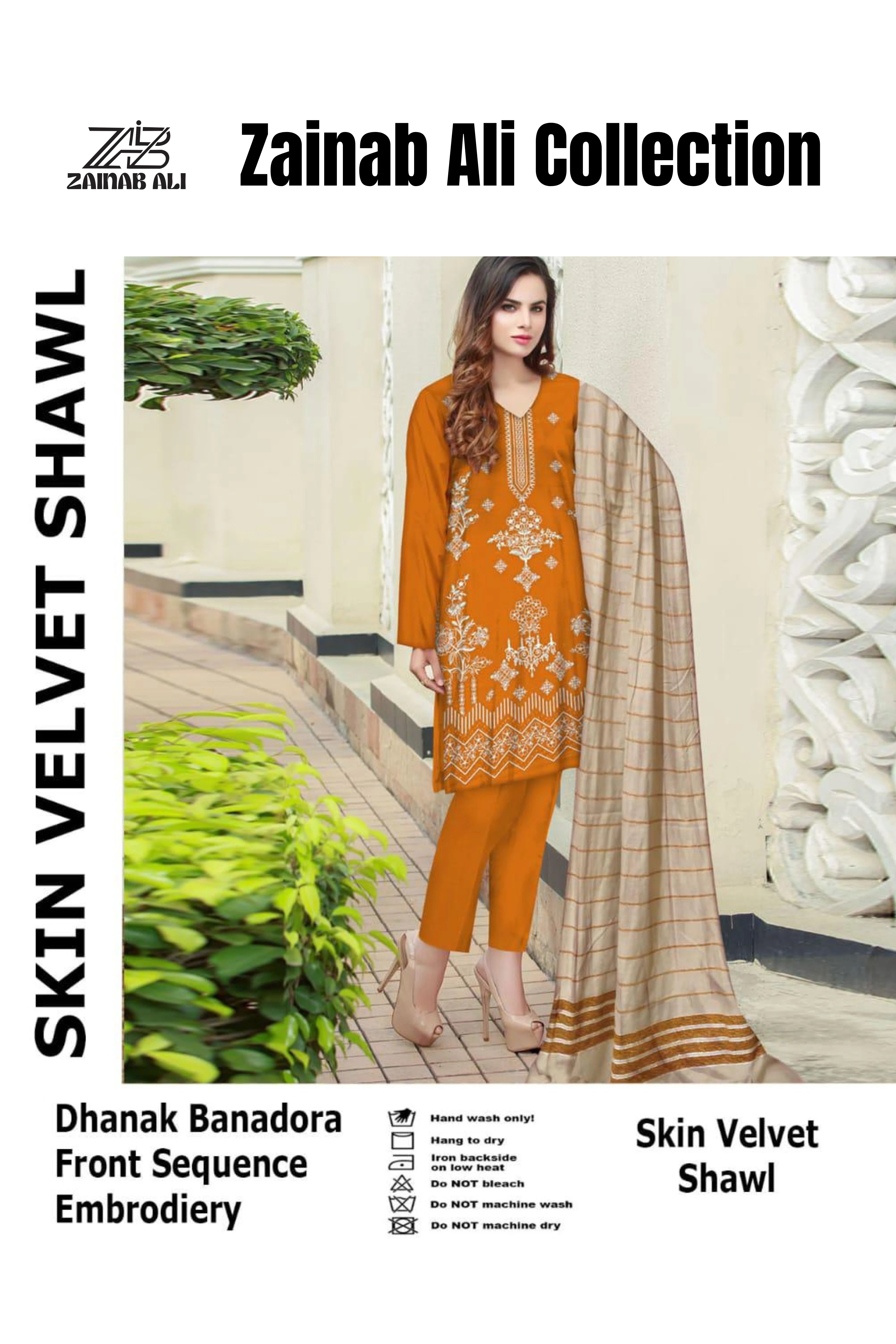 3 Piece Dhanak Bana doria Front Embroidery Skin valvet shawl ZR-1294-WC