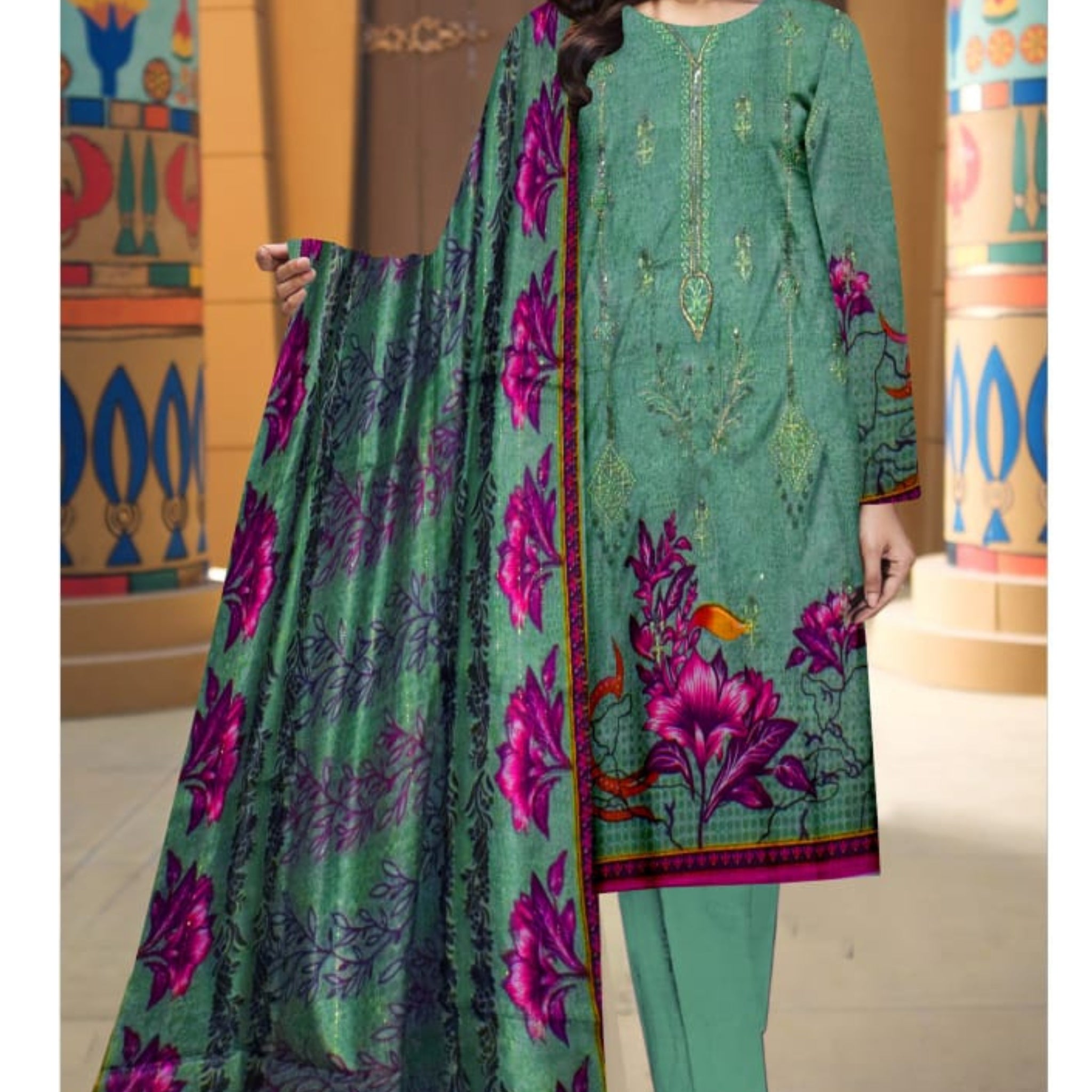 3 Piece Dhanak 2 Head Embroidery Zari Dupata ZR-1302-WC